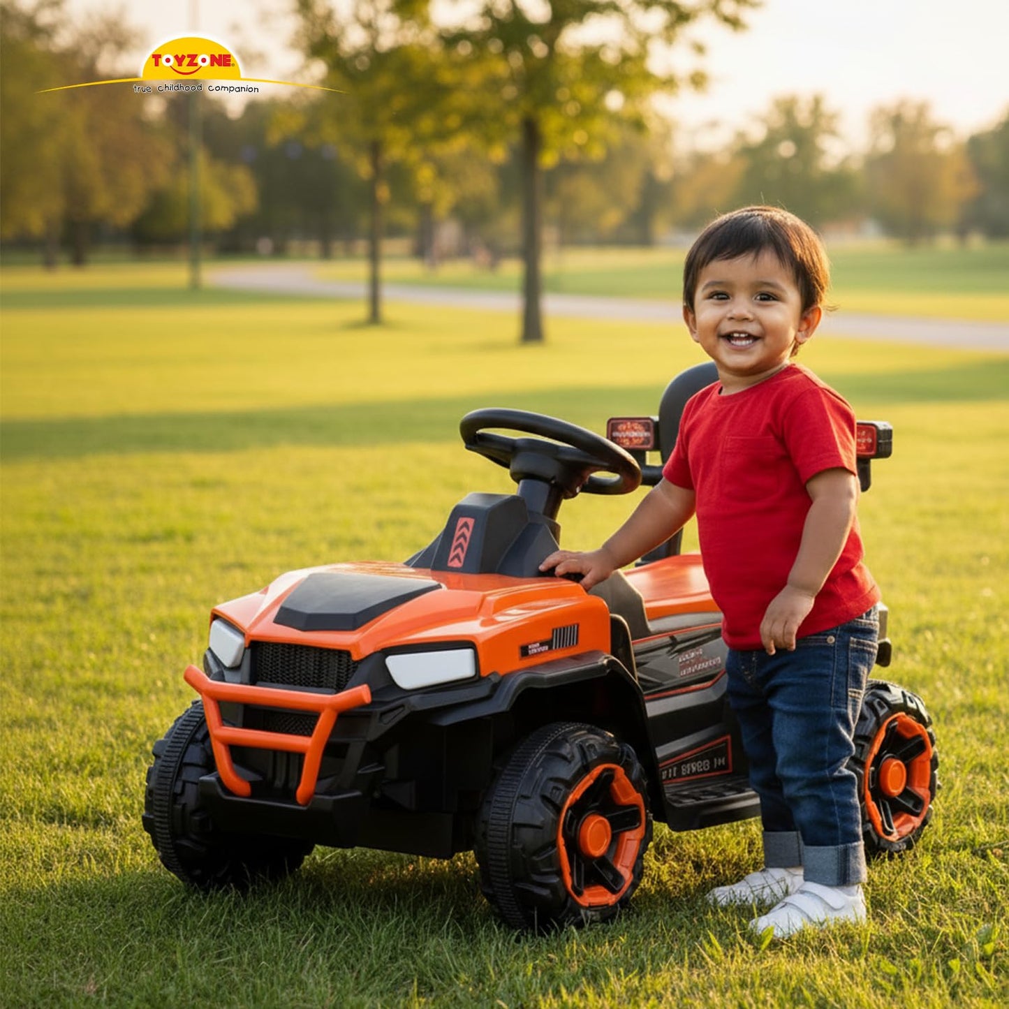 Toyzone Impex Pvt Ltd Super Speedo Electric Ride On Jeep Without Remote-Orange|Rechargeable Car 6V & 6.5Ah Battery|Music Player with Bluetoooth & USB |6 Month Battery Warranty,Kids 2+ Years