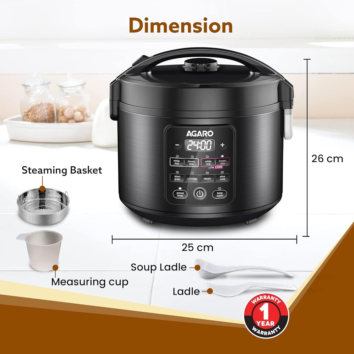 AGARO Regal Electric Rice Cooker, 3 Litres Ceramic Inner Bowl, 750gms (approx. 5 cups) raw rice, SS Steamer, Preset Cooking Functions, Preset Timer, Keep Warm Function, LED Display, Black