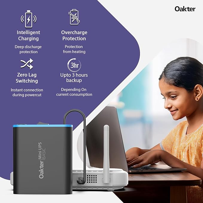 Oakter Mini UPS Basic for WiFi Router Broadband Modem | Supports 12V-2A Routers. Backup Upto 3 Hours | WiFi Router UPS Power Backup During Power Cuts| Current Surge & Deep Discharge Protection