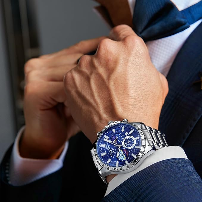 R0916 Men’s Luxury Quartz Watch – Deep Blue-Black Dial, Stainless Steel Strap, Waterproof & Luminous Analog Watch with Date & Moon Phase