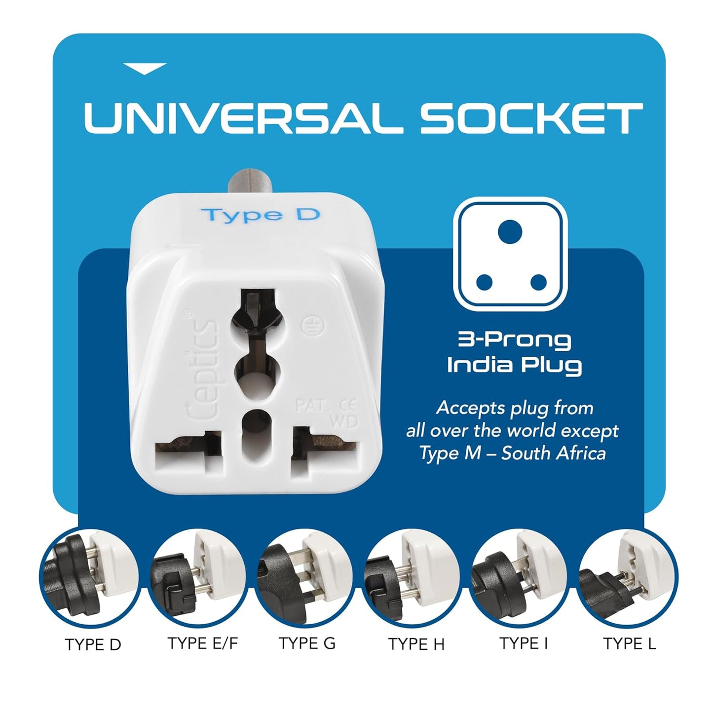 Ceptics USA to India Converter Plug, World (USA, China) Australia UK to India Plug Converter - Type D Plug Adapter - Canada to India Converter Plug - CE - RoHS - White - 1 Pack - Springkart 