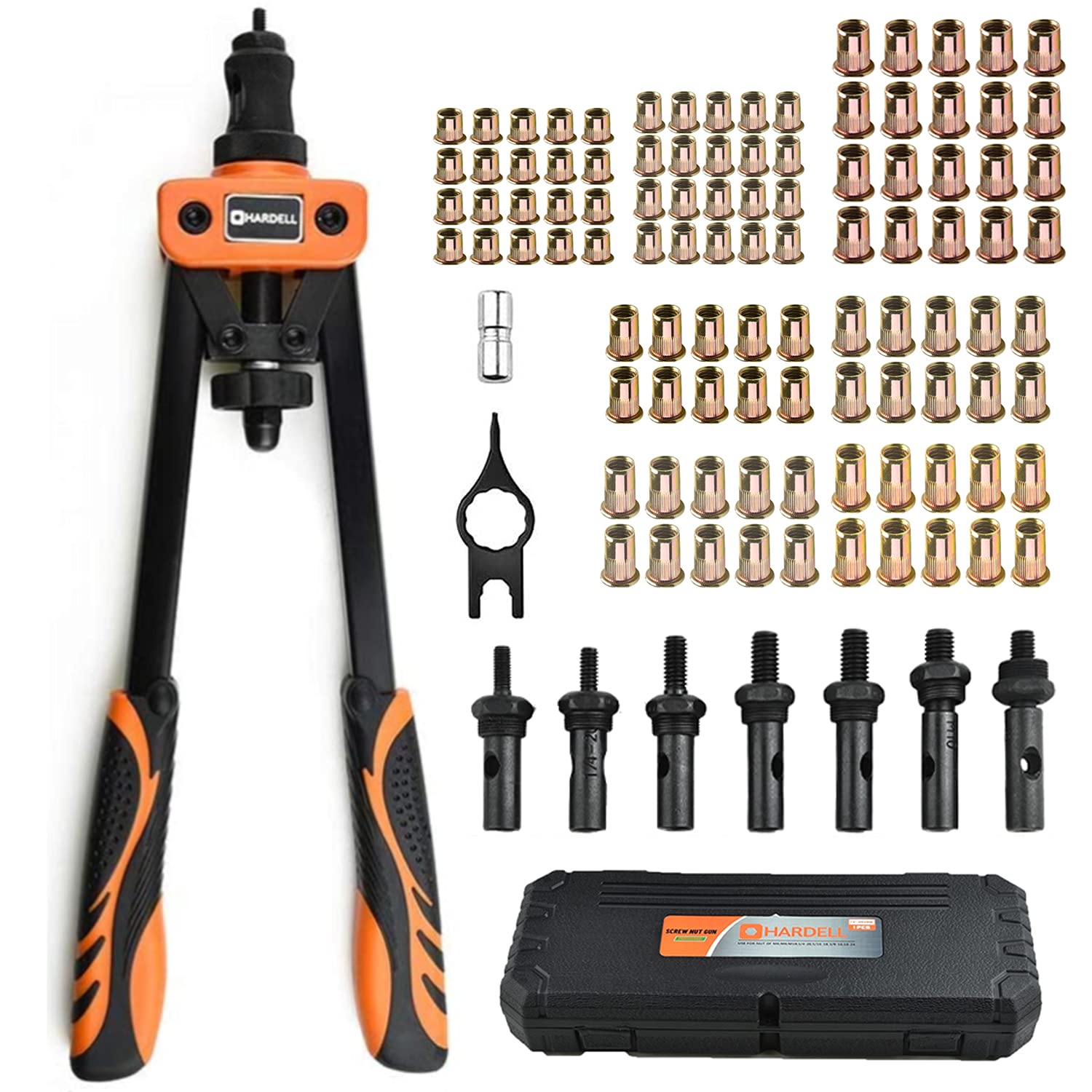 HARDELL Rivet Nuts Tool, 14" Hand Rivet Tool Kits with 100Pcs Rivet Nuts and 7 Metric & Inch Mandrels M6 M8 M10, 1/4-20, 5/16-18, 3/8-16, 10-24 and Rugged Carrying Case - Springkart 