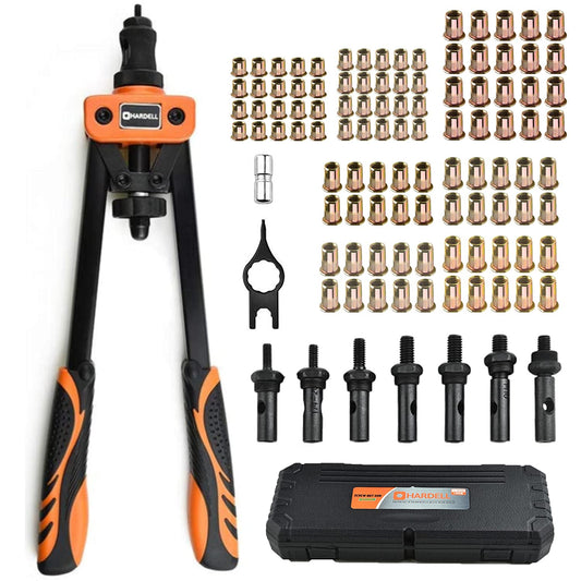 HARDELL Rivet Nuts Tool, 14" Hand Rivet Tool Kits with 100Pcs Rivet Nuts and 7 Metric & Inch Mandrels M6 M8 M10, 1/4-20, 5/16-18, 3/8-16, 10-24 and Rugged Carrying Case - Springkart 