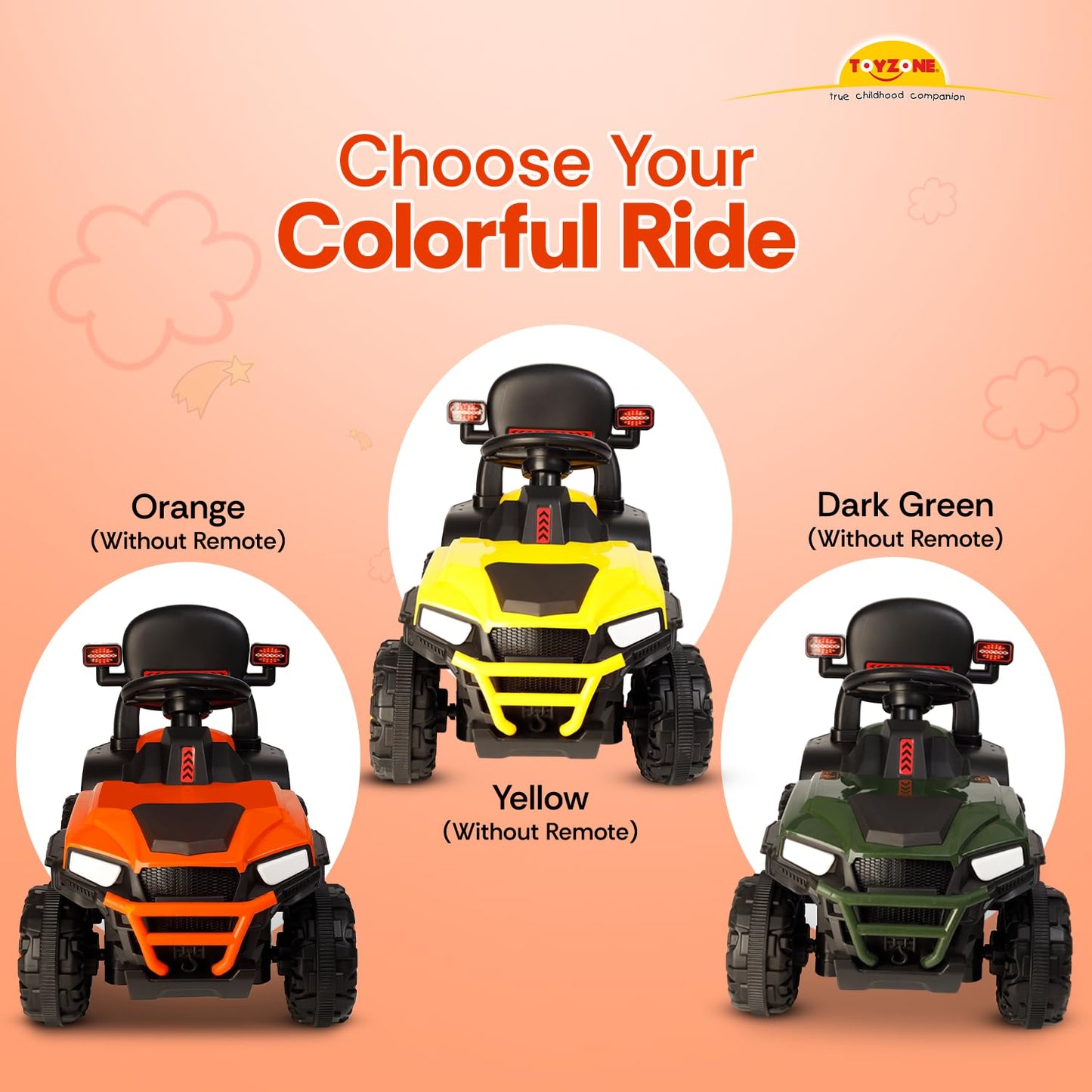 Toyzone Impex Pvt Ltd Super Speedo Electric Ride On Jeep Without Remote-Orange|Rechargeable Car 6V & 6.5Ah Battery|Music Player with Bluetoooth & USB |6 Month Battery Warranty,Kids 2+ Years