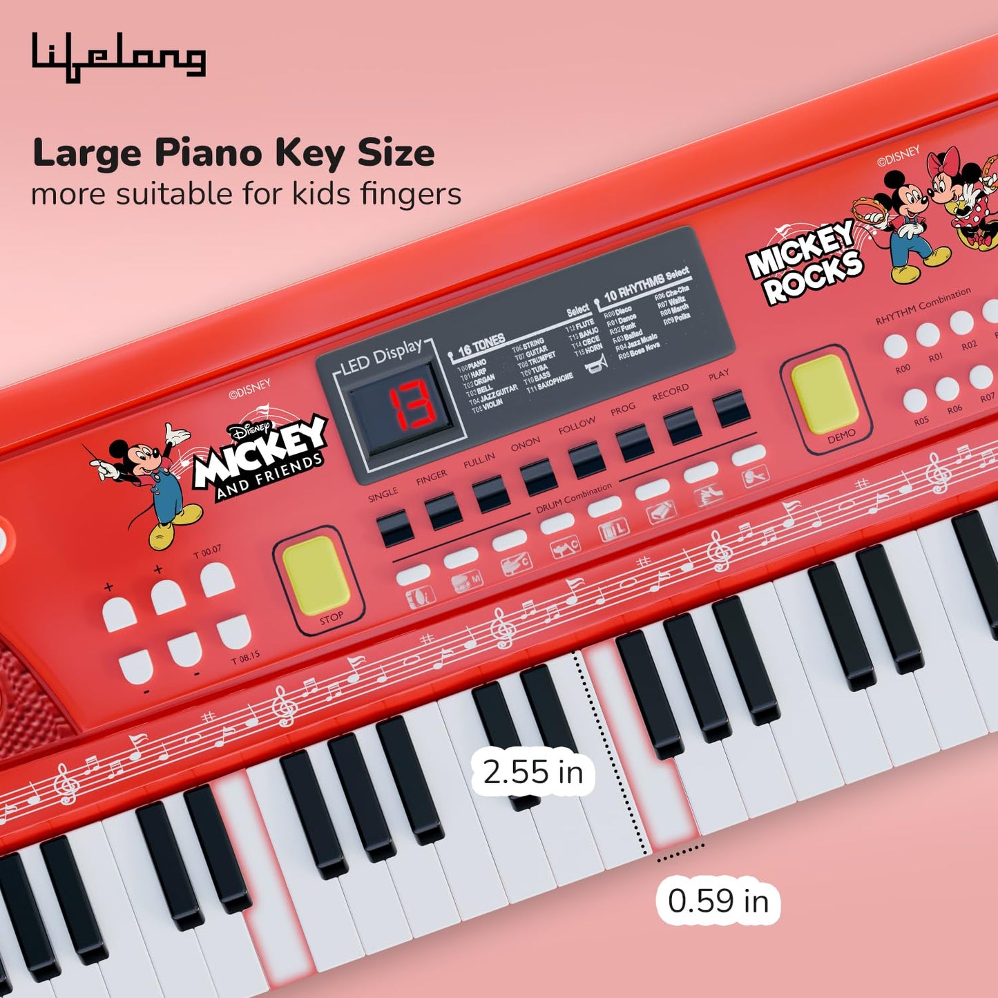 Lifelong Disney Mickey Electronic Piano Keyboard - 61 Keys | Mic & One Side Speaker | 16 Tones, 10 Rhythms, 8 Percussions | Song Record, Finger Chord & Demo Modes | Microphone, USB Powered | 2+ years