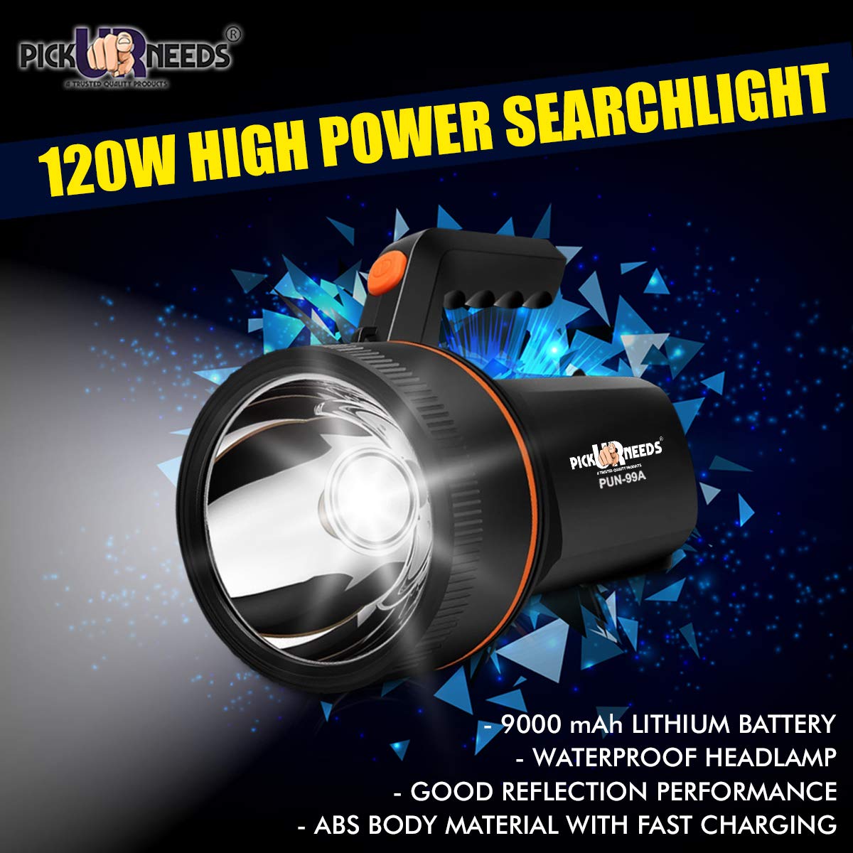 Pick Ur Needs Emergency Rechargeable Search Torch Light 120 W Bright Waterproof Led Torch Light Laser Long Range Power, 3000 Lumen - Springkart 