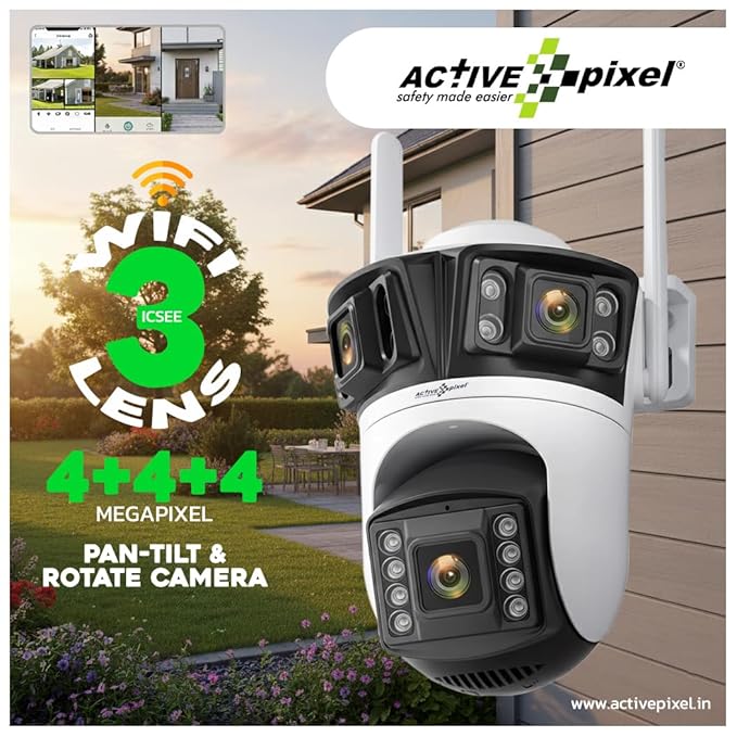 Active Pixel A9 4+4+4MP Triple Lens WiFi Outdoor Security Camera | 8 LED Full-Color Night Vision | 360° PTZ | Motion Tracking | Human Detection | Two-Way Audio | Waterproof CCTV for Home & Office