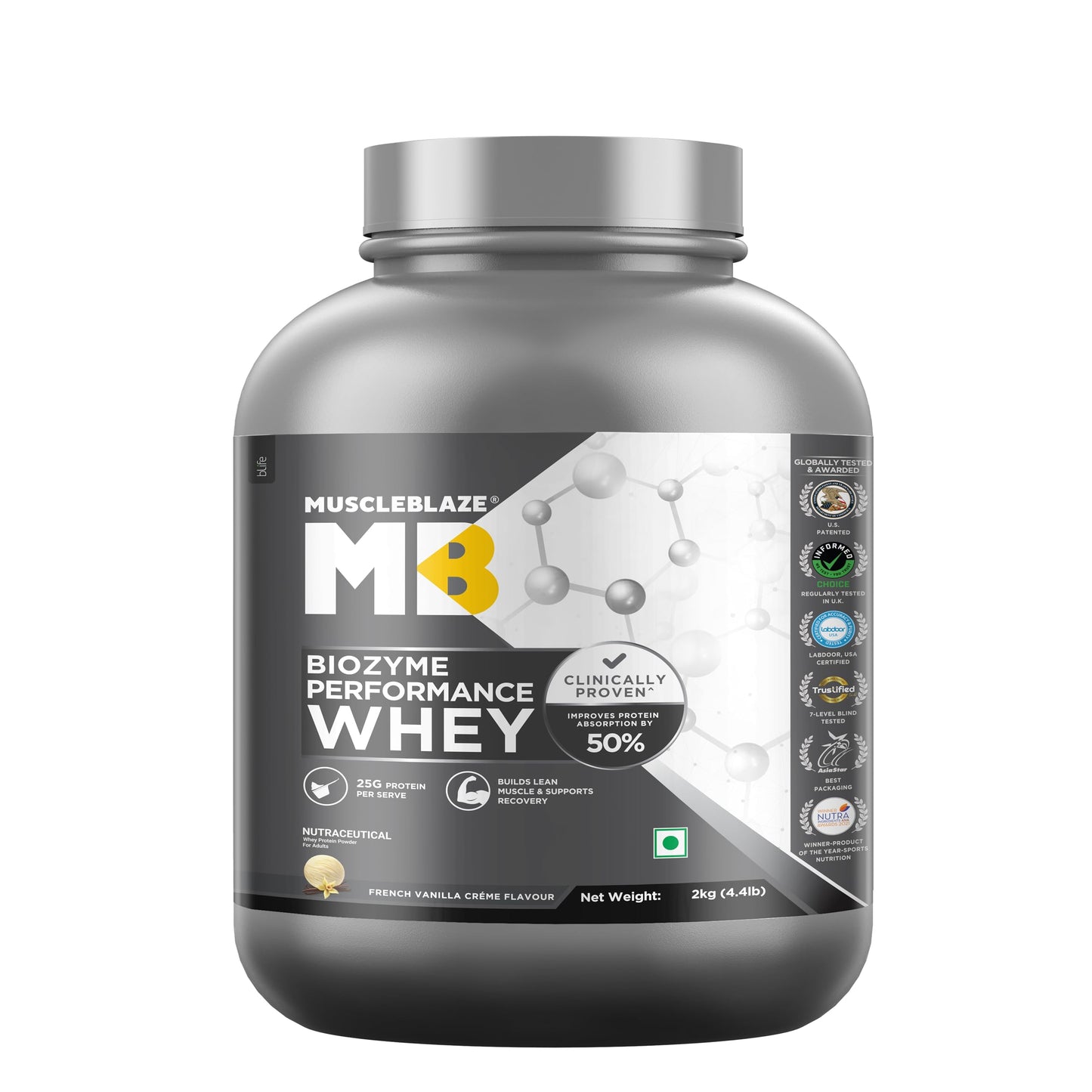 MuscleBlaze Biozyme Performance Whey Protein Powder, 1kg (2.2lbs) | Magical Mango | 25g Protein Per Scoop | Clinically Tested 50% Higher Protein Absorption