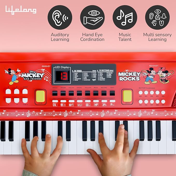 Lifelong Disney Mickey Electronic Piano Keyboard - 61 Keys | Mic & One Side Speaker | 16 Tones, 10 Rhythms, 8 Percussions | Song Record, Finger Chord & Demo Modes | Microphone, USB Powered | 2+ years
