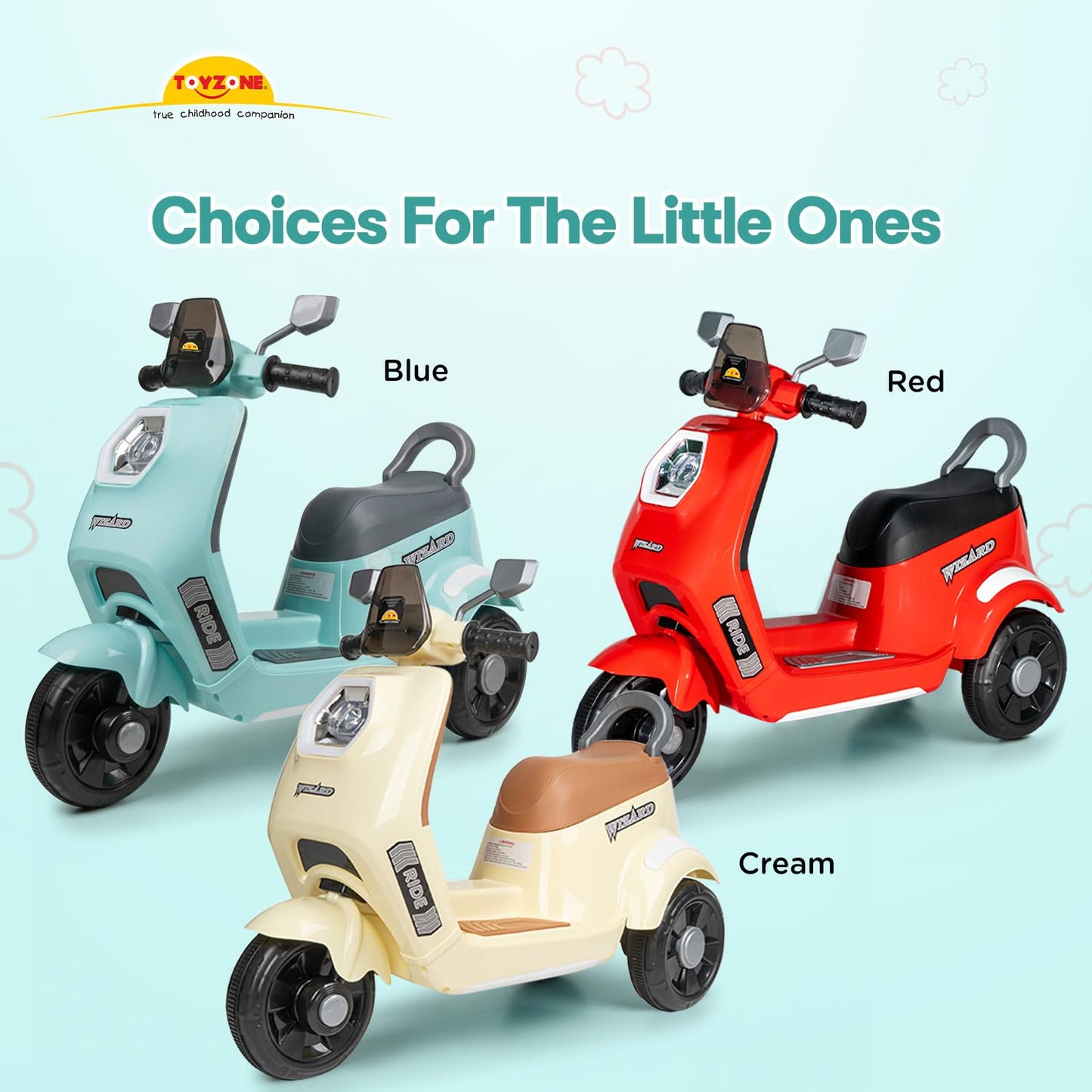 Toyzone Wizard Electric Scooty | Rechargeable Scooty 6V | Powered by 6.5 ah Battery | Music Player with Bluetoooth & USB | 6 Month Warranty on Battery | Make in India | for Kids 2+ Years (Blue)