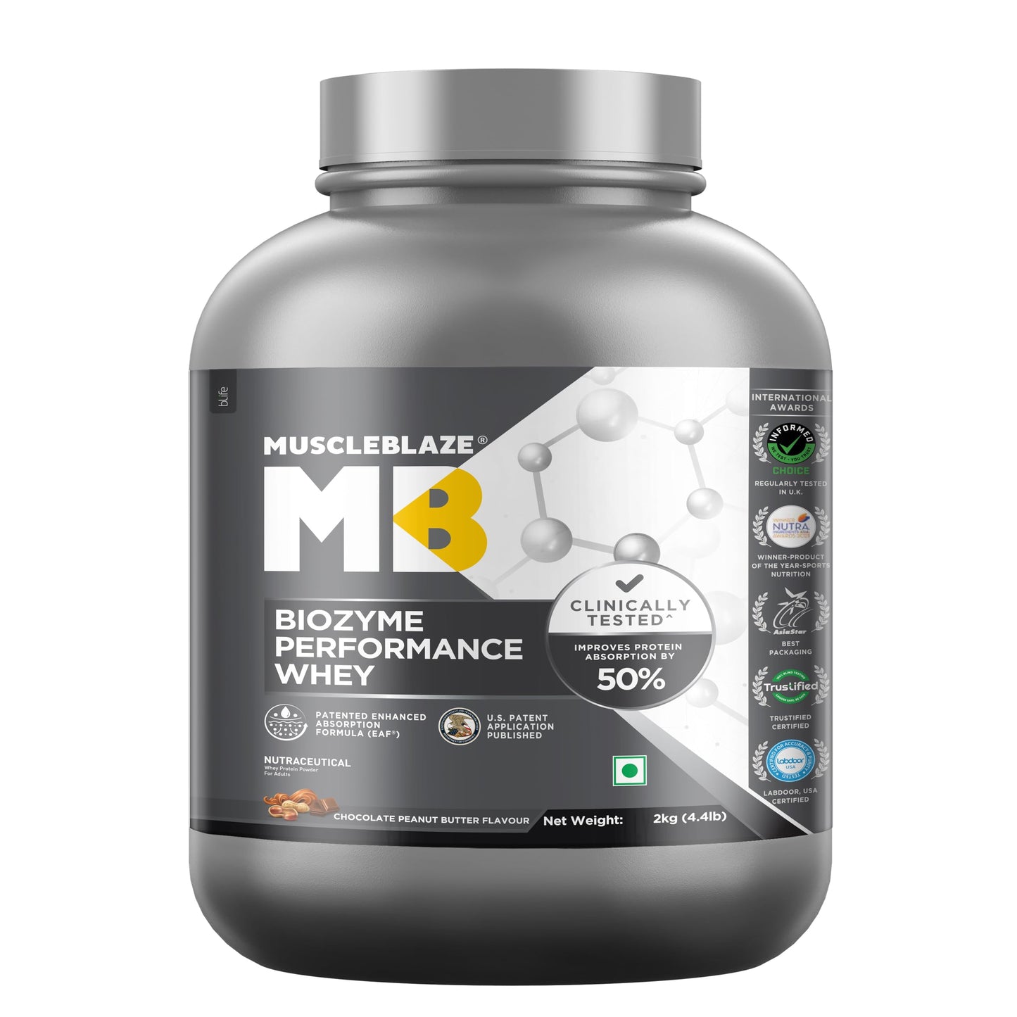MuscleBlaze Biozyme Performance Whey Protein Powder, 1kg (2.2lbs) | Magical Mango | 25g Protein Per Scoop | Clinically Tested 50% Higher Protein Absorption