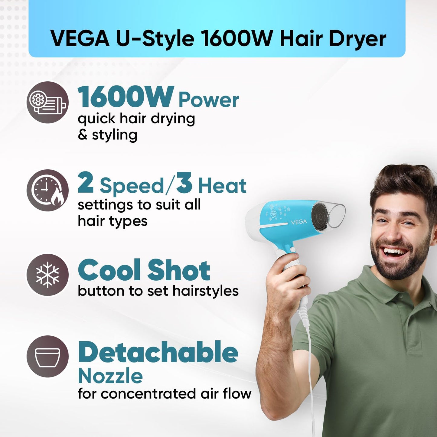 VEGA U Style 1600 Watts Foldable Hair Dryer For Women & Men With Cool Shot Button, 2 Speed/3 Heat Settings, Detachable Nozzle, Travel Friendly, Fast Hair Drying, (Vhdh-32),Blue - Springkart 