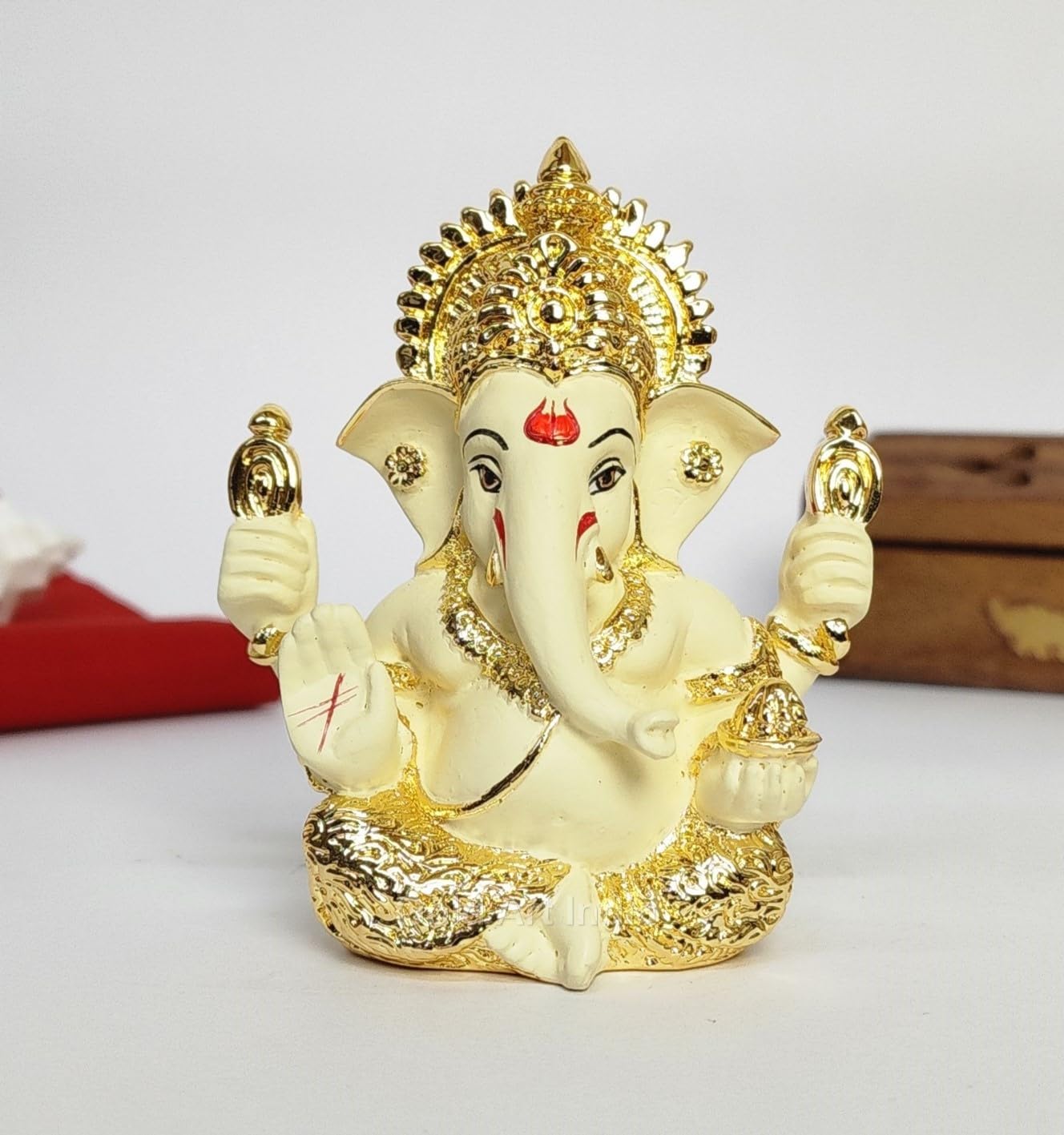 Gold Art India Ganesha Idol | Ganesh Statue for Home Decor | Ganesha murti for Office Desk, & Ganpati Idol for Car Dashboard | Unique Wedding & Birthday Gift (Gold Antique 3.5")