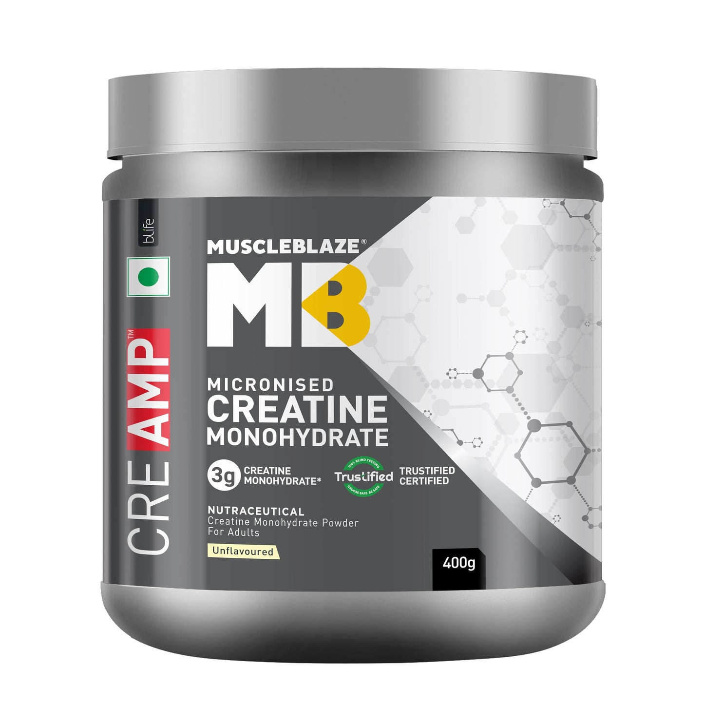 MuscleBlaze Micronised Creatine Monohydrate CreAMP Powder, Unflavoured (32 Servings, 100g) | Trustified Certified Creatine