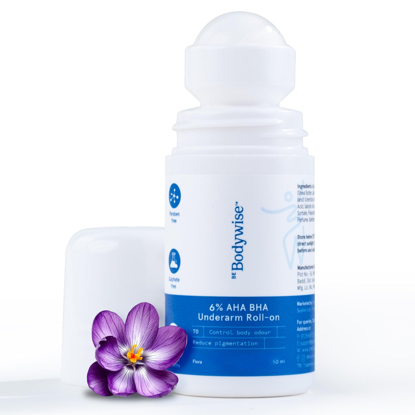 Be Bodywise 4% Aha Bha Underarm Roll On 50ml | 2% Lactic Acid, 1% Mandelic Acid, 1% Salicylic Acid | Controls Odour & Reduces Pigmentation | 0% Alcohol & 0% Aluminium | Flora Fragrance