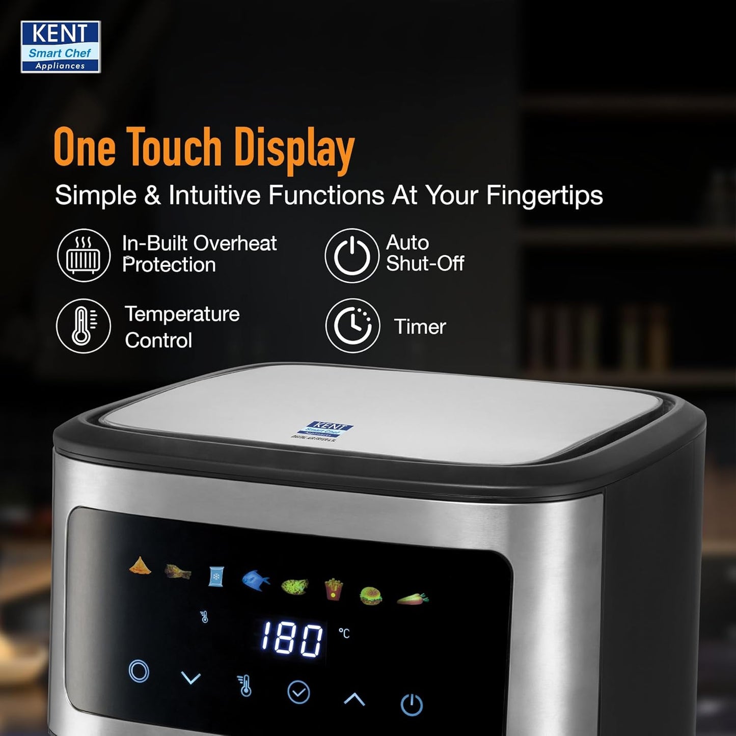 KENT Digital Air Fryer 6.5L,1600W,Bake,Grill & Roast,Up To 80% Less Oil Usage,Rapid Heat Circulation,8 Preset Menu,Digital Display & Touch Control Panel,Glass Window With In Built Light,Black