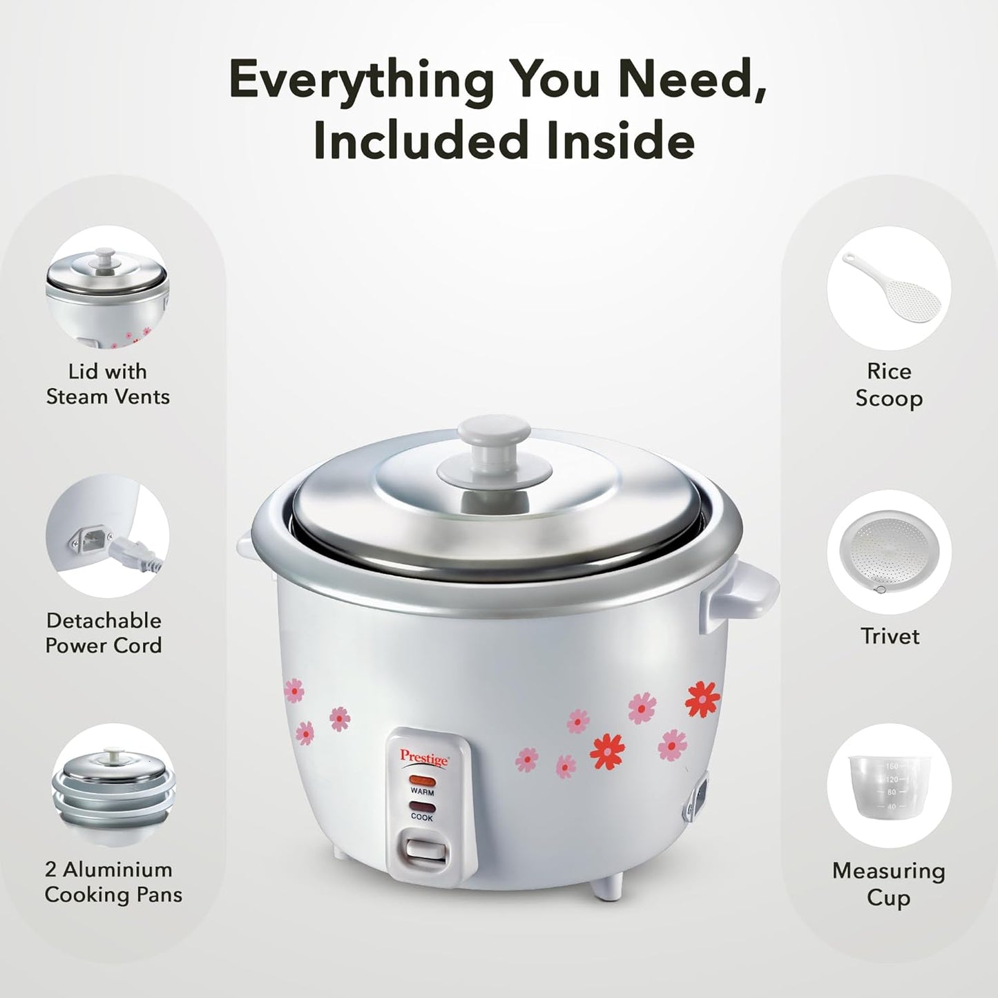 Prestige PRWO 1.8-2 Electric Rice Cooker| 2 Aluminium Cooking Pans | Stainless Steel Lid | Grey/White | Cool Touch Handles | Detachable Power Cord | 700- Watt|1.8 Litres