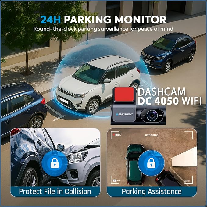 Blaupunkt Dashcam-DC 4050 WiFi Dual Camera 2K +1080P,Dual Port Charger,Dashboard Mount,G Sensor,256GB SD Card Capability,Mobile APP,140° Wide Angle View,Built-in Mic and Speaker,Time & Date Stamp