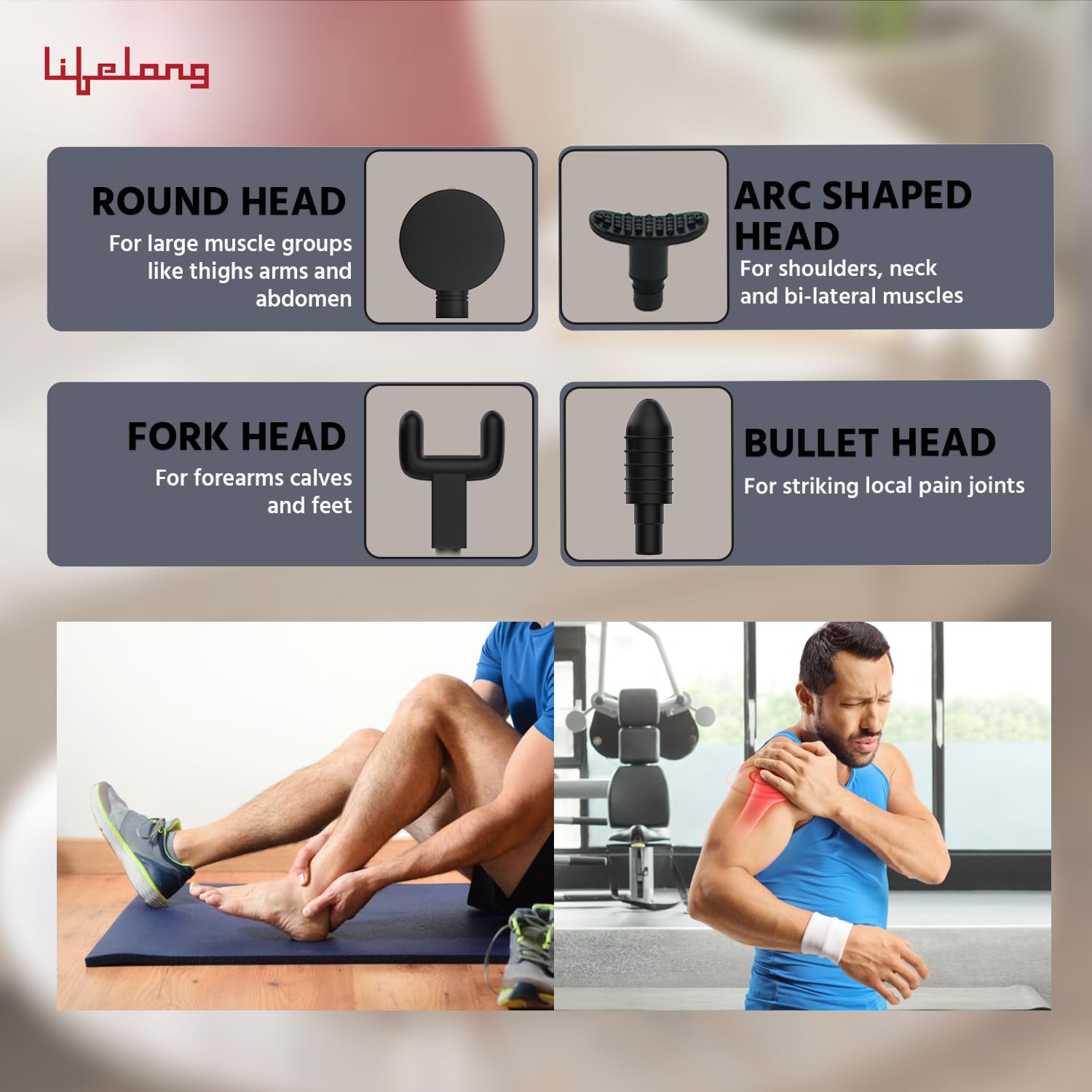 Lifelong Gun Massager for Pain Relief with 4 Heads & LCD Touch Display - Battery Powered - Deep Tissue with 6 Speed Settings for Percussion for Full Body (LLGM171, Black)