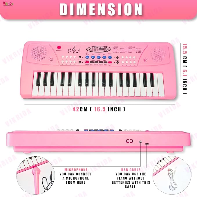 VikriDA Kids Keyboard Piano, 37 Keys Piano Keyboard with Power Option (37 Keys and 8 Tones, 8 Rhythms 4 Percussion) Pink