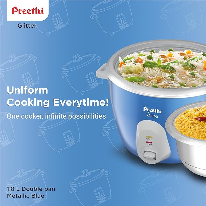 Preethi Glitter Electric Cooker, 1.8 Liters with Double Pan - Blue I Anodized Aluminium Pan I Energy Efficient Cooking (RC 332)