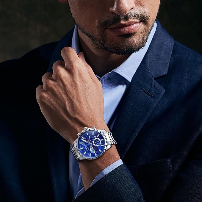 R0916 Men’s Luxury Quartz Watch – Deep Blue-Black Dial, Stainless Steel Strap, Waterproof & Luminous Analog Watch with Date & Moon Phase