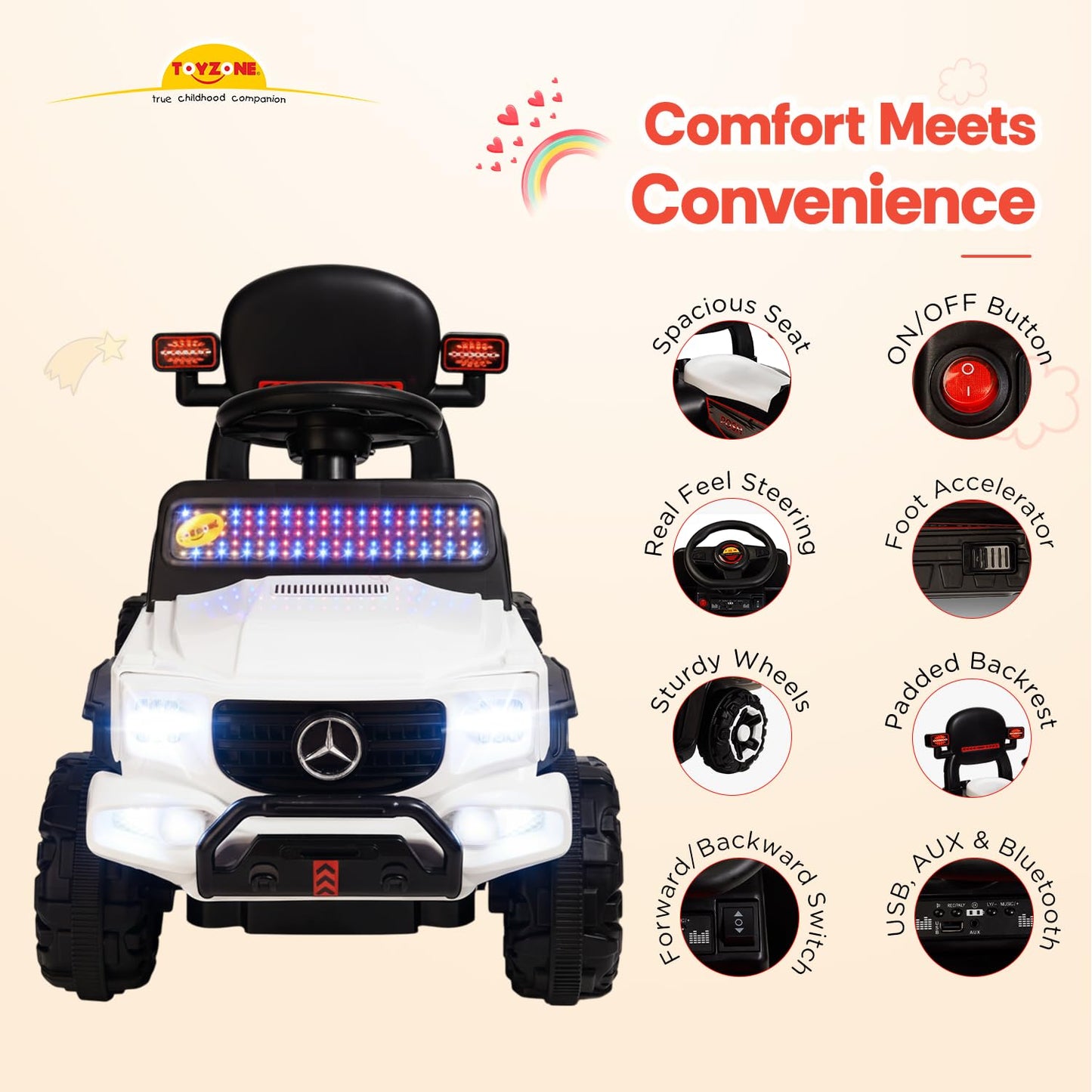 Toyzone Impex Pvt Ltd Posh Electric Car Ride On Jeep(Without Remote)- White|Rechargeable Car 6V & 6.5Ah Battery|Music Player With Bluetoooth & USB |6 Month Battery Warranty|Make In India|Kids 2+ Years