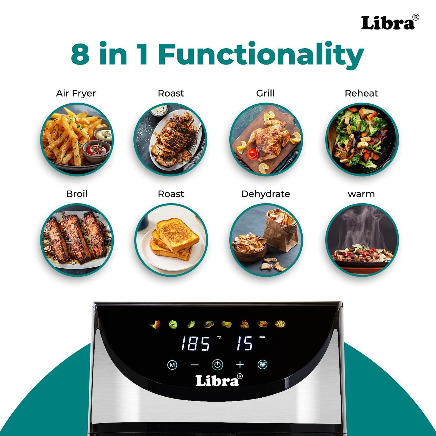 Libra 6.5 Liter Air Fryer Oven – 1740W Stainless Steel Air Fryer with 9-in-1 Digital Functions: Air Fry, Toast, Grill, Bake, Reheat & Keep Warm – Uses 90% Less Oil, Stainless Steel Interior