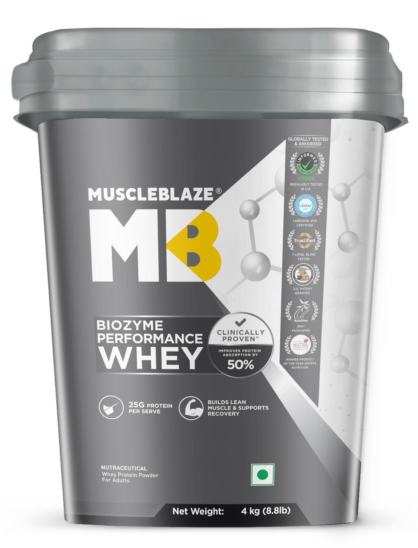 MuscleBlaze Biozyme Performance Whey Protein Powder, 1kg (2.2lbs) | Magical Mango | 25g Protein Per Scoop | Clinically Tested 50% Higher Protein Absorption