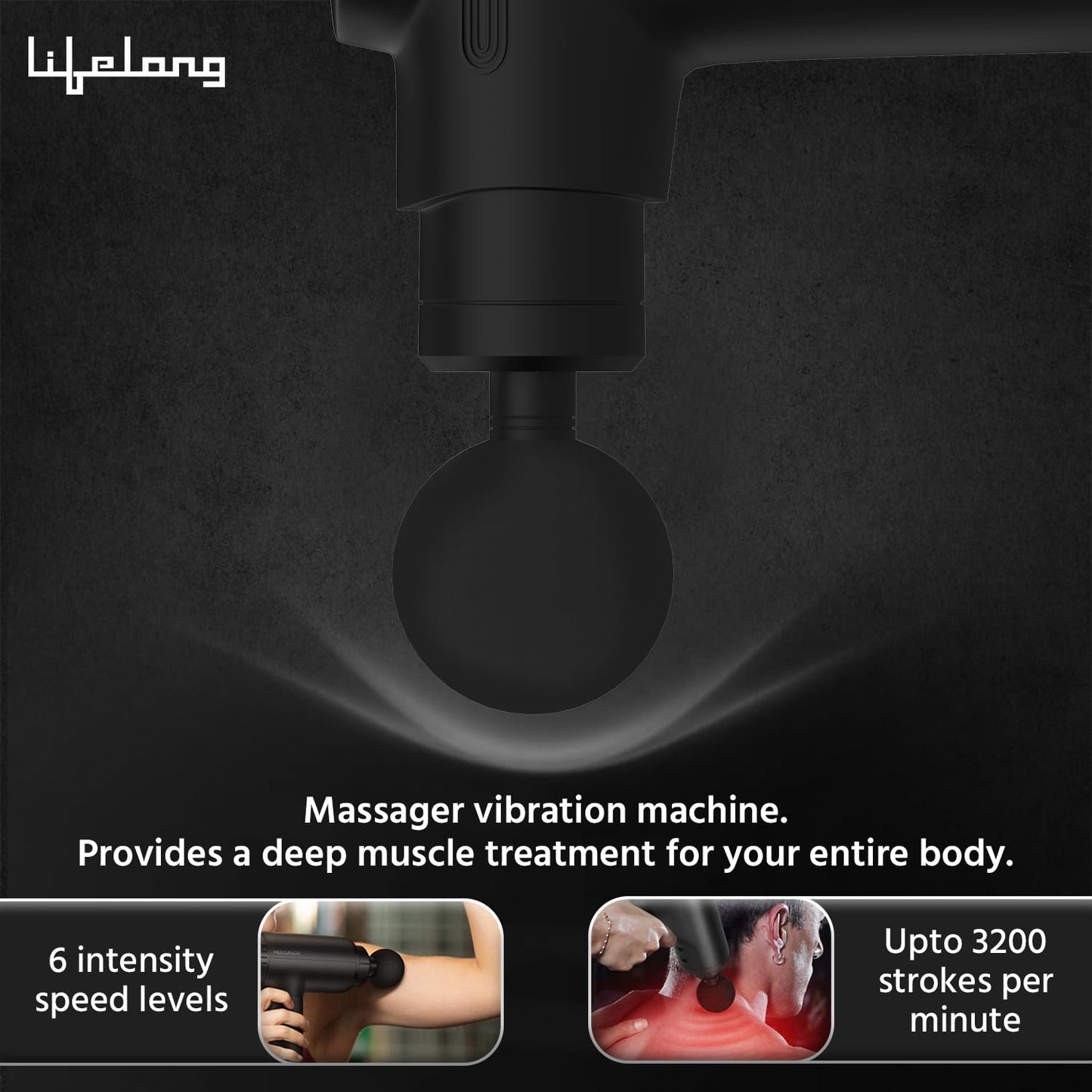 Lifelong Gun Massager Machine for Pain Relief - Body, Neck, Shoulders, Back, Arms & Feet Massager - 6 Speed Settings -7 Heads Attachment (LLGM109, Black) - Springkart 