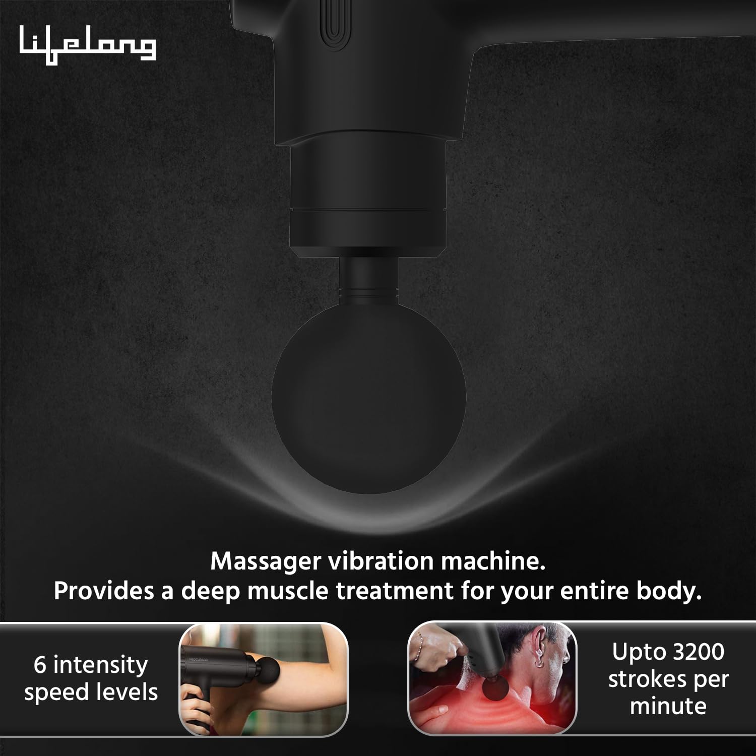 Lifelong Gun Massager Machine for Pain Relief - Body, Neck, Shoulders, Back, Arms & Feet Massager - 6 Speed Settings -7 Heads Attachment (LLGM109, Black) - Springkart 