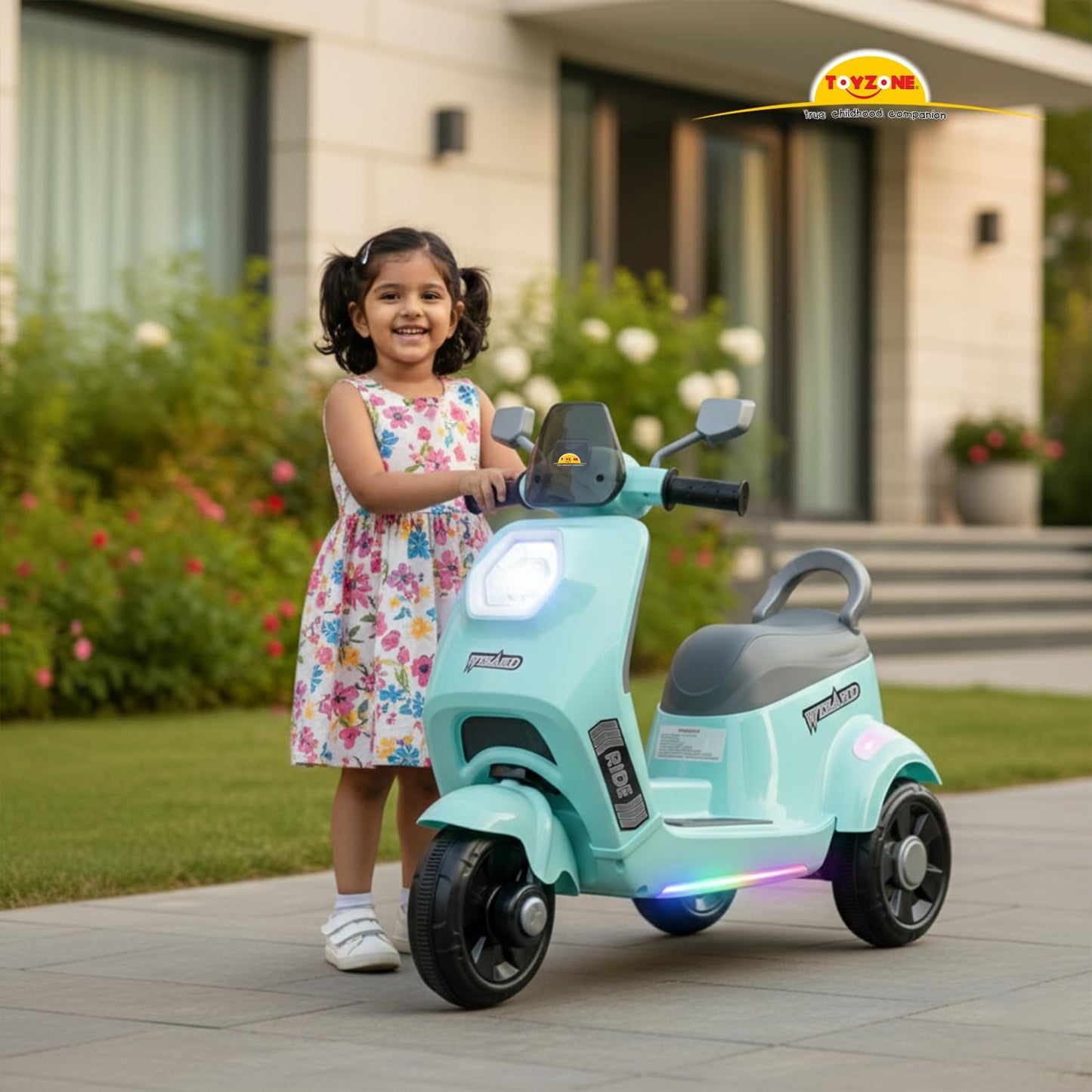 Toyzone Wizard Electric Scooty | Rechargeable Scooty 6V | Powered by 6.5 ah Battery | Music Player with Bluetoooth & USB | 6 Month Warranty on Battery | Make in India | for Kids 2+ Years (Blue)