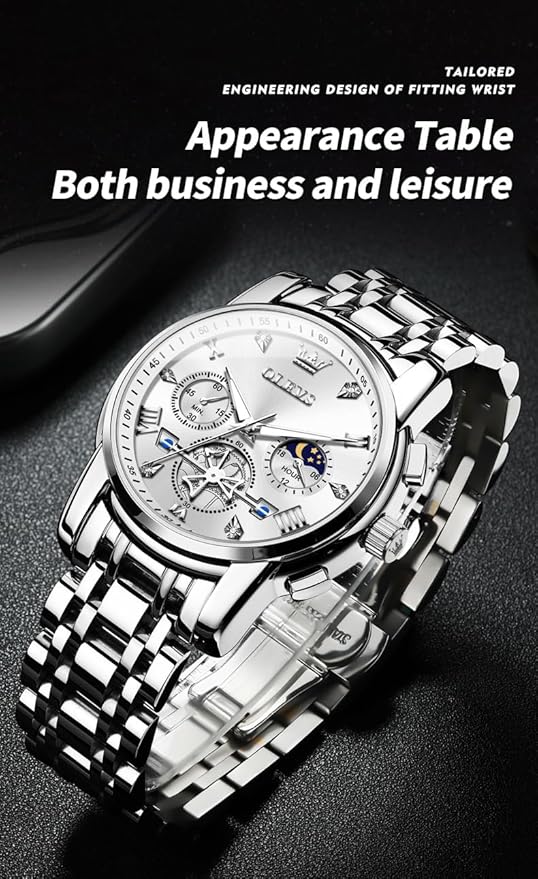 OLEVS Mens Chronograph Watch Gold Silver Stainless Steel Chain Quartz Wrist Watches Business Dress Waterproof Luminous Date Watch