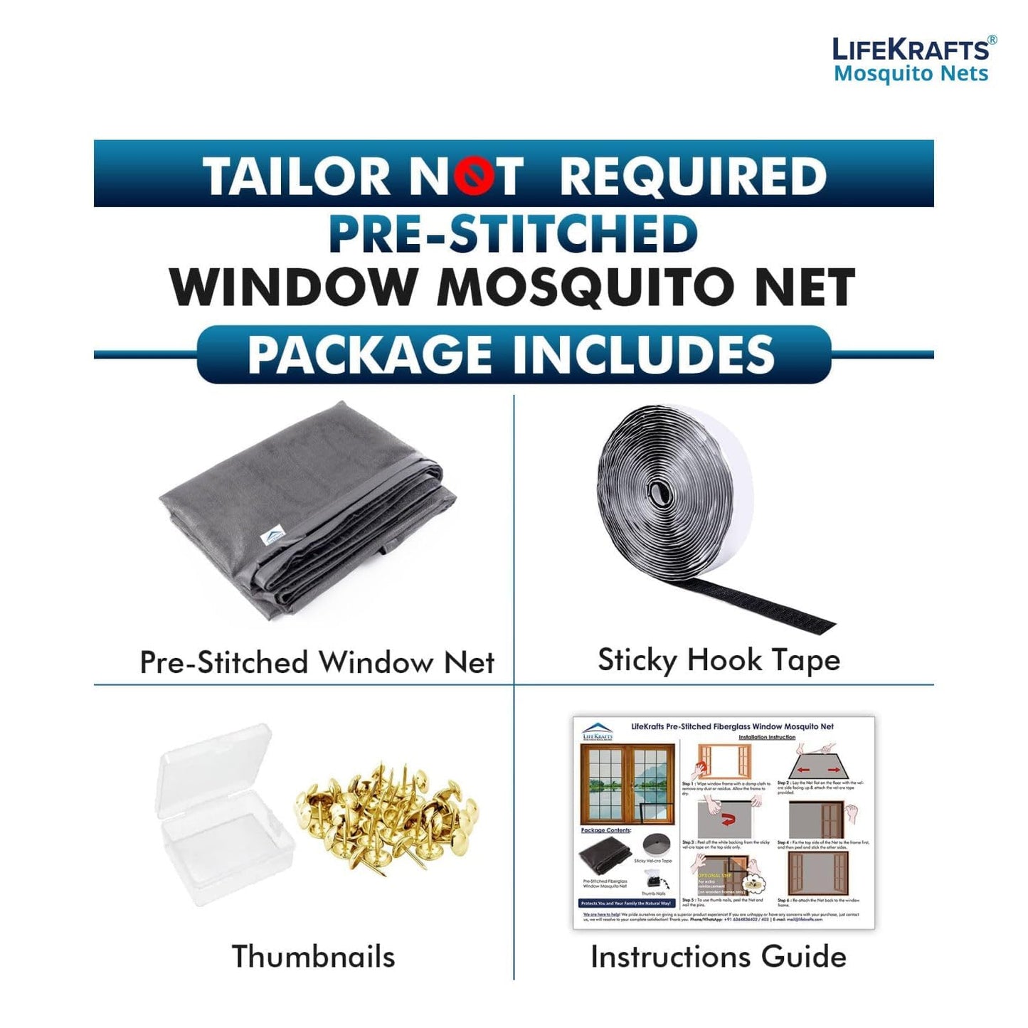 Lifekrafts Standard Size Window Mosquito Net (Size-90x120cms/36x47 Inches/2.95x3.94 Feet, Color-Grey) 120 GSM Stitched Fiberglass Net with Strong Hook & Loop Adhesive Tape
