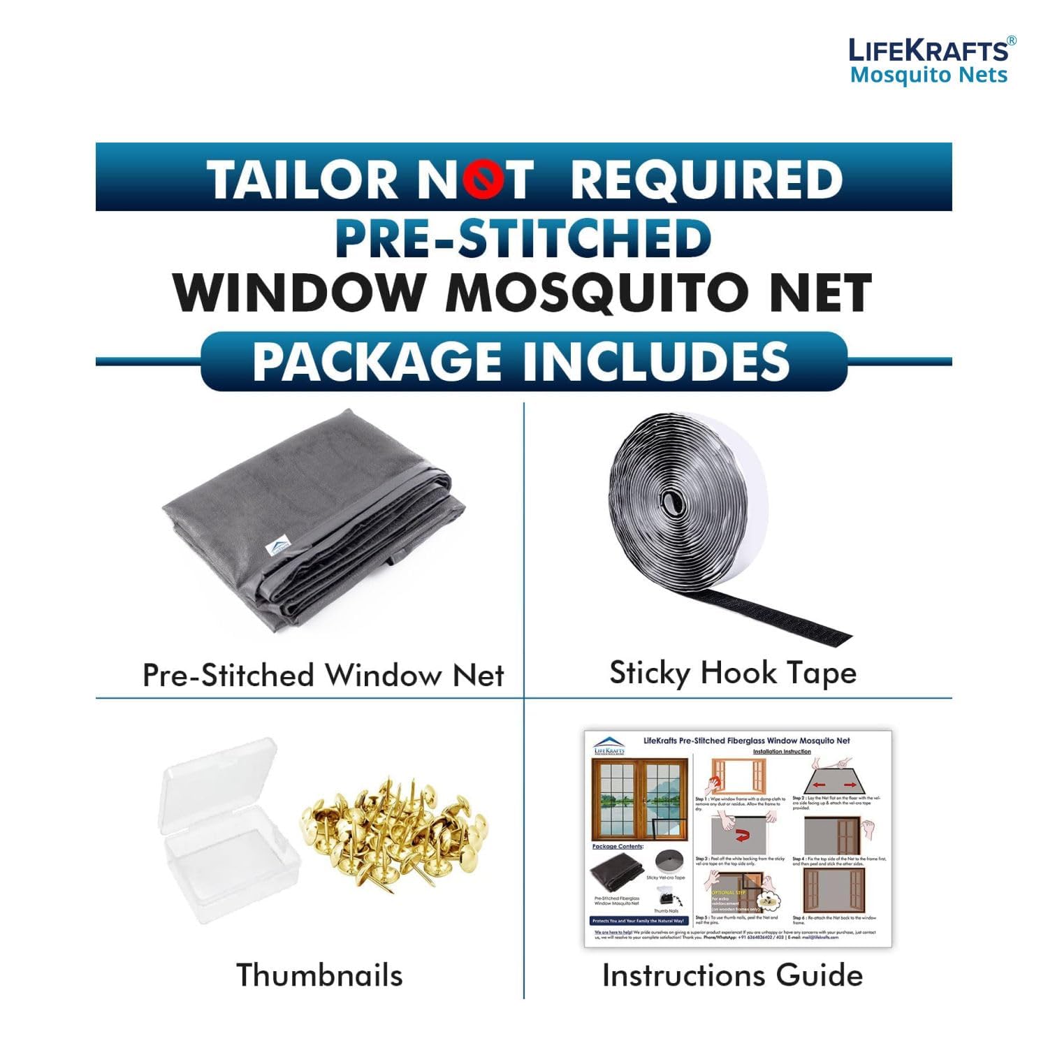 Lifekrafts Standard Size Window Mosquito Net (Size-90x120cms/36x47 Inches/2.95x3.94 Feet, Color-Grey) 120 GSM Stitched Fiberglass Net with Strong Hook & Loop Adhesive Tape