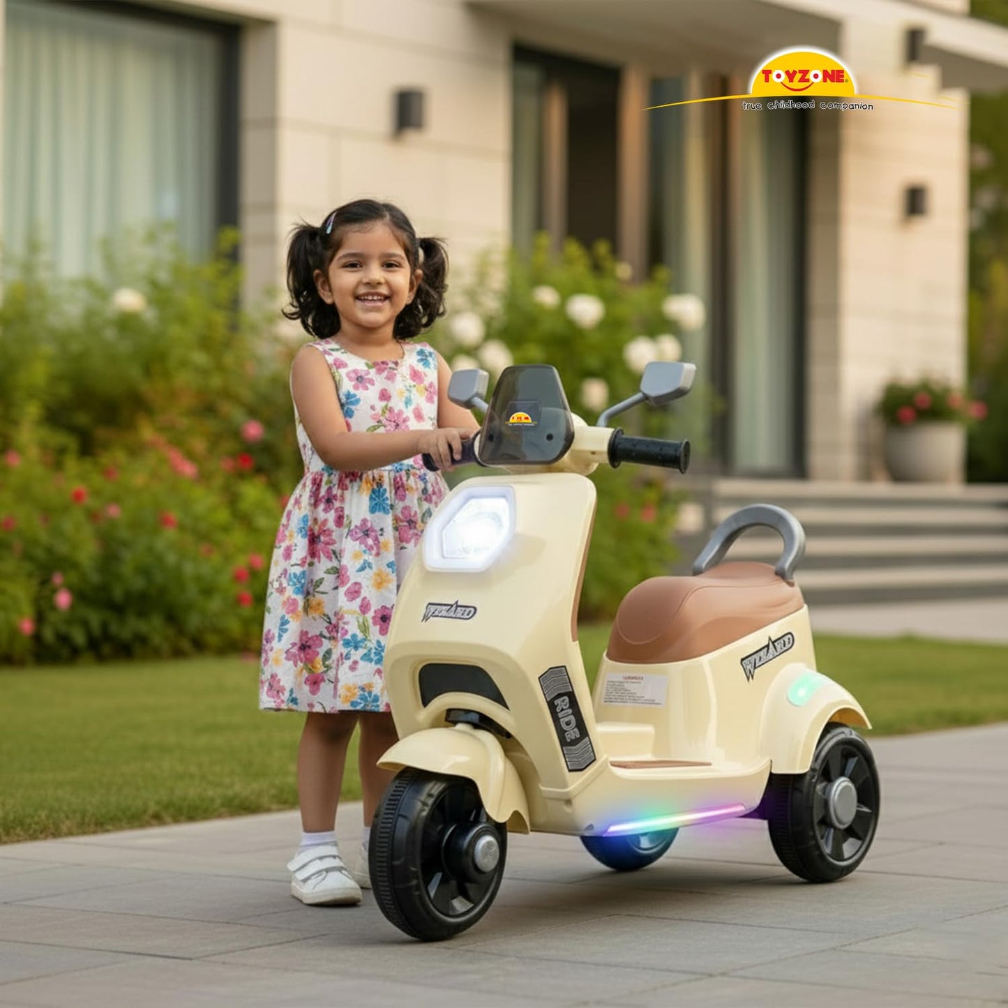 Toyzone Wizard Electric Scooty | Rechargeable Scooty 6V | Powered by 6.5 ah Battery | Music Player with Bluetoooth & USB | 6 Month Warranty on Battery | Make in India | for Kids 2+ Years (Ivory)