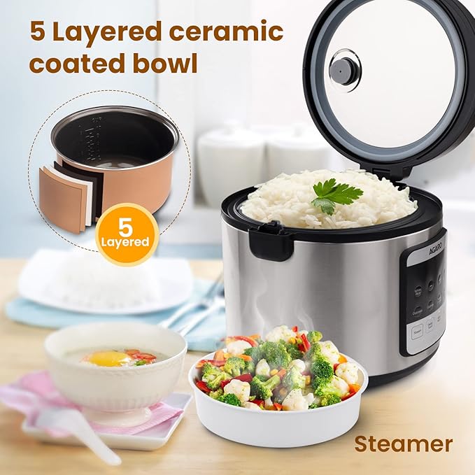 AGARO Royal Electric Rice Cooker, 5 Litre Ceramic Coated Inner Bowl, Steam Basket, 6 Preset Cooking Function With Advanced Fuzzy Logic, Keep Warm Function, 1.5Kgs (approx. 10 cups) raw rice, Silver