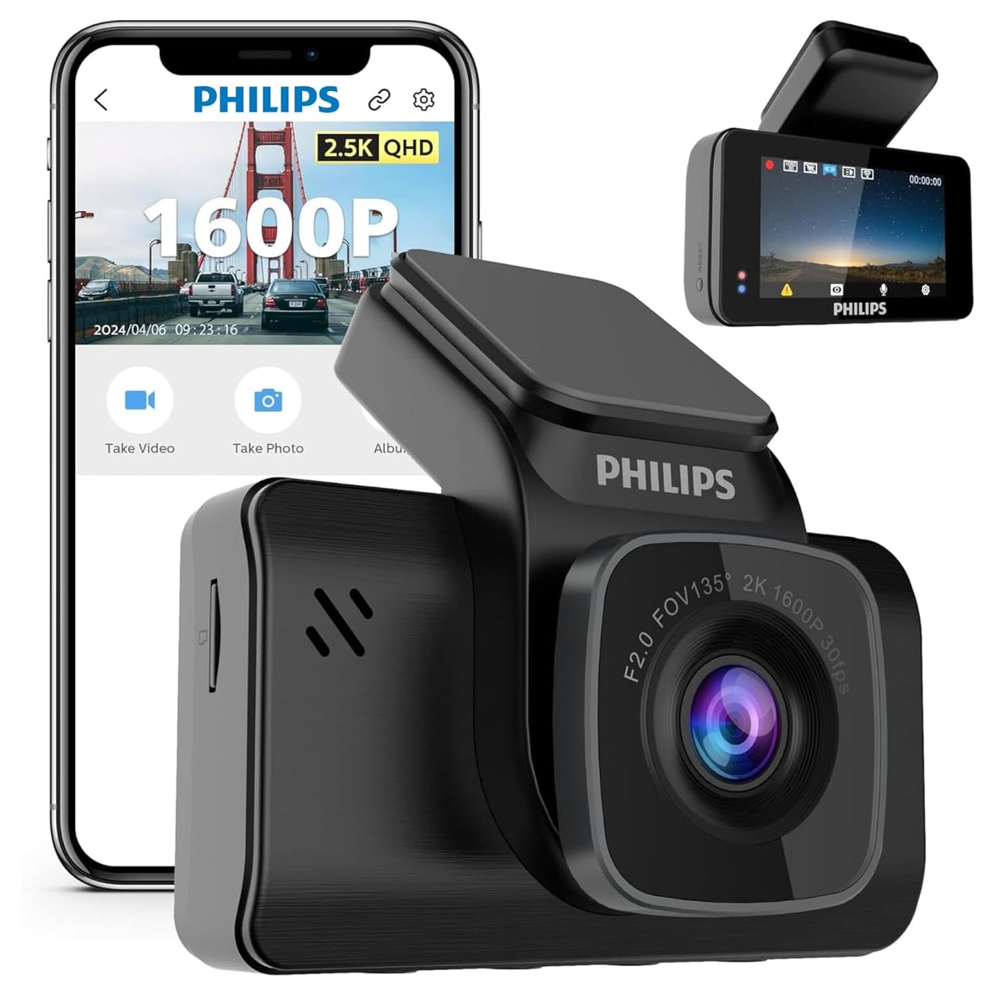 Philips GoSure 5101 Dash Cam for Car | 2K QHD 1600p Sony STARVIS IMX335 | 135° Wide Angle | Night Vision | G-Sensor | Loop Recording | Wi-Fi App | Car Camera Recorder