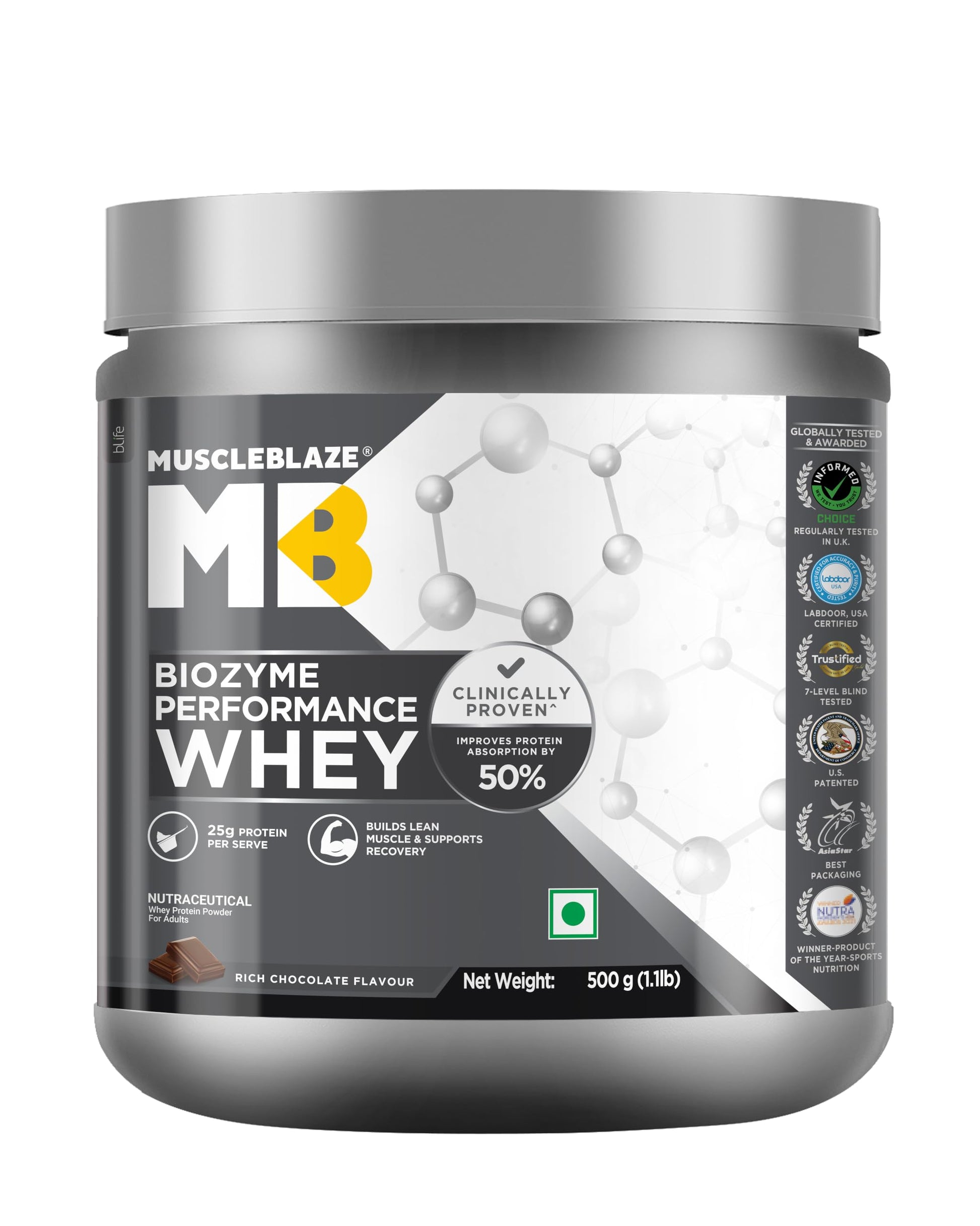 MuscleBlaze Biozyme Performance Whey Protein Powder, 1kg (2.2lbs) | Magical Mango | 25g Protein Per Scoop | Clinically Tested 50% Higher Protein Absorption