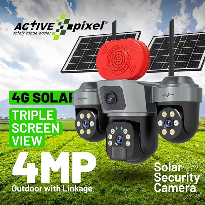Active Pixel 4Mp Solar 4G SIM PTZ Security Camera | Triple Lens 360° Surveillance | Built-in Loud Alarm Siren | Motion Tracking | Color Night Vision | Wireless Outdoor CCTV – No Power, No Wires - G17