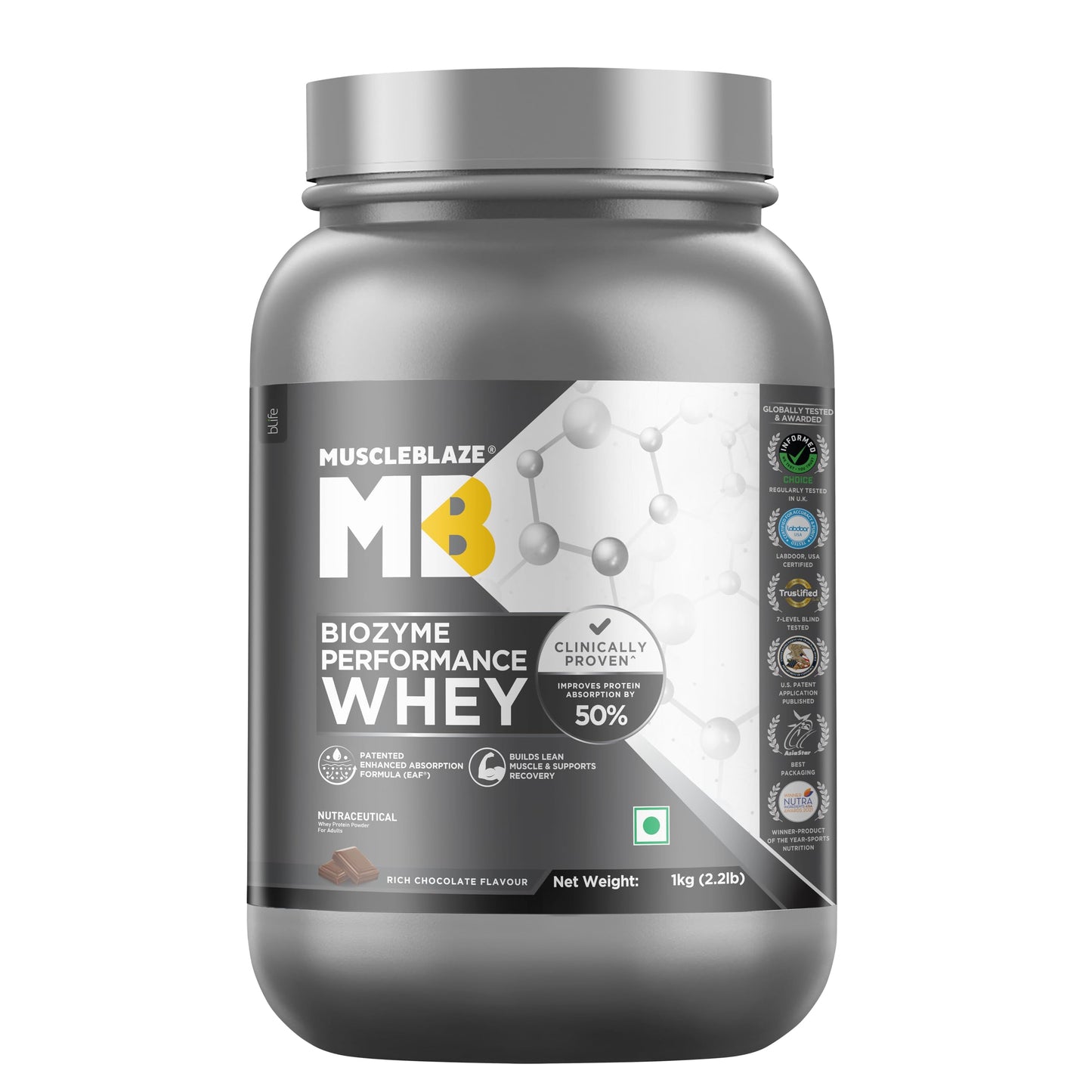 MuscleBlaze Biozyme Performance Whey Protein Powder, Chocolate Peanut Butter (2kg / 4.4lbs) | 25g Protein Per Scoop | Clinically Tested 50% Higher Protein Absorption