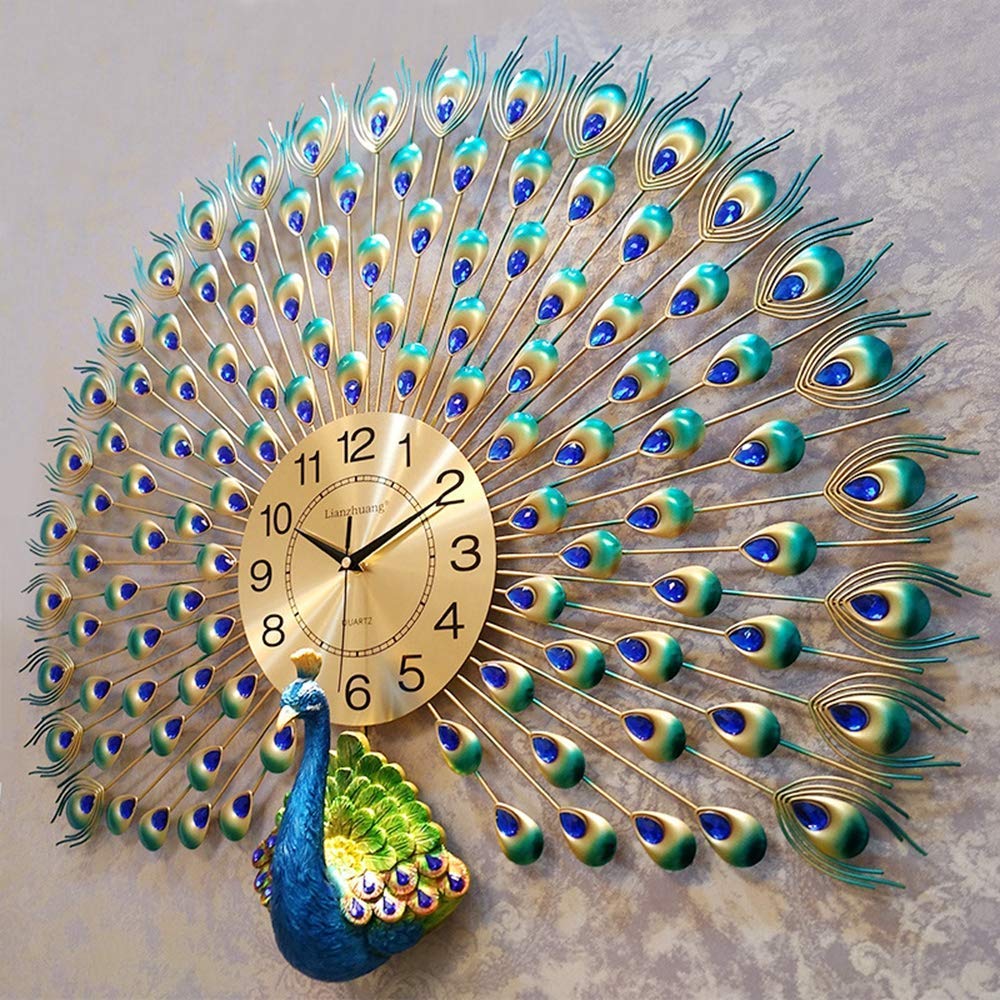 Home Decoration European Wall Clock Crystal Luxury Living Room Creative Personality Art, Metal,Analog Wall Clock (Peacock Wall Clock)