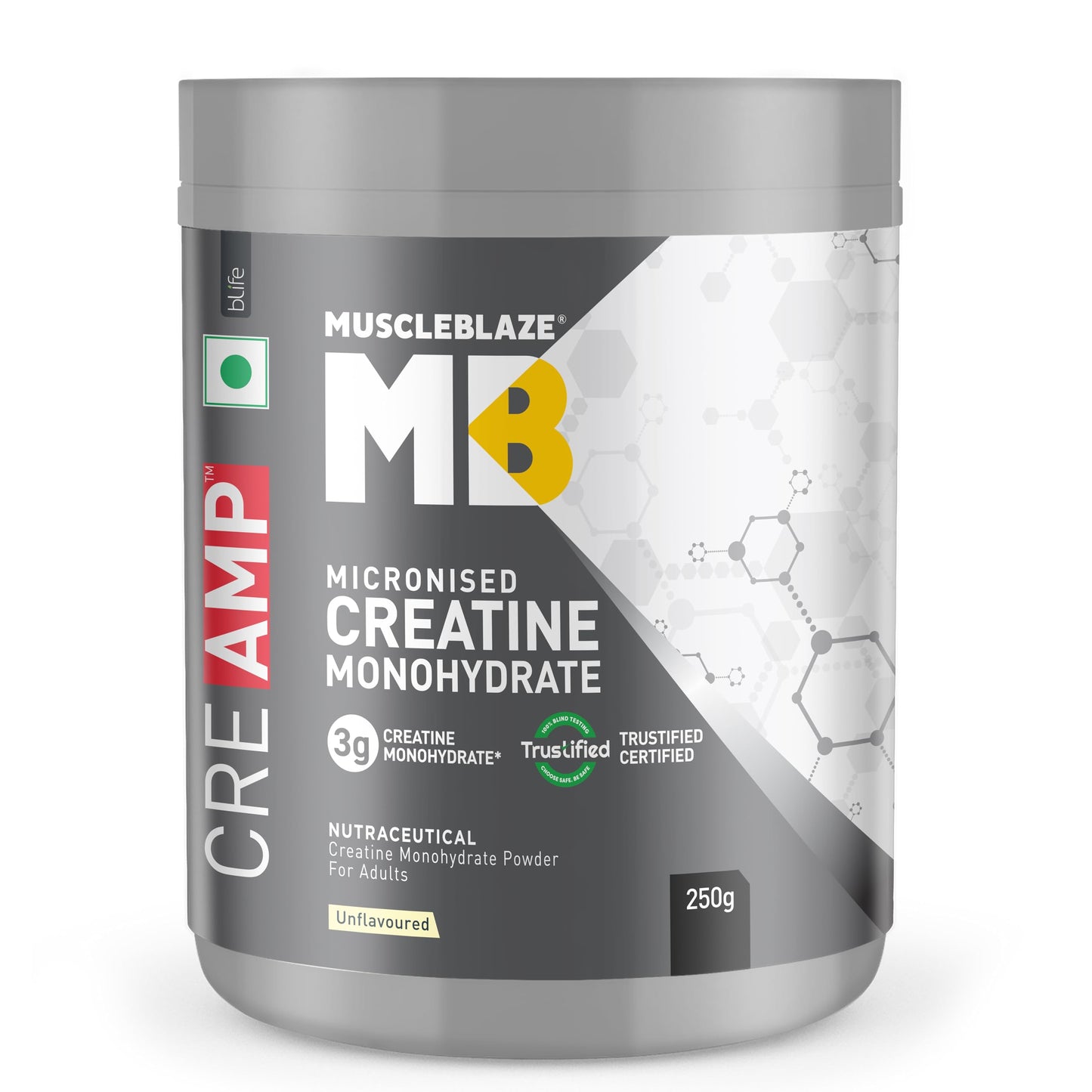 MuscleBlaze Micronised Creatine Monohydrate CreAMP Powder, Unflavoured (32 Servings, 100g) | Trustified Certified Creatine