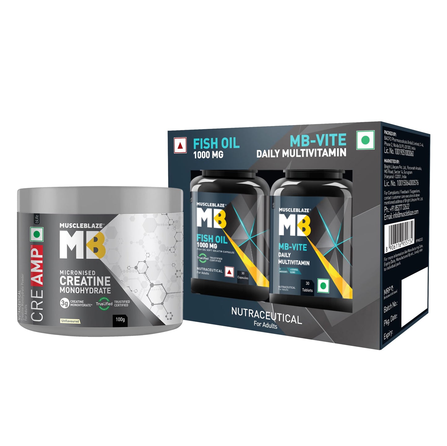 MuscleBlaze Micronised Creatine Monohydrate CreAMP Powder, Unflavoured (32 Servings, 100g) | Trustified Certified Creatine