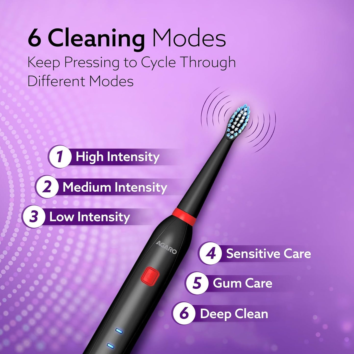 AGARO COSMIC Lite Sonic Electric Toothbrush for Adults with 6 Modes, 3 Brush Heads, 1 Interdental Head and Rechargeable with 3.5 Hours Charge Lasting up to 25 Days, Power Toothbrush, Black