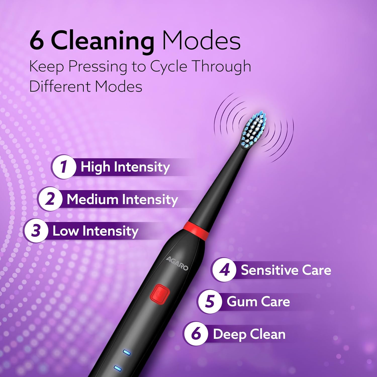 AGARO COSMIC Lite Sonic Electric Toothbrush for Adults with 6 Modes, 3 Brush Heads, 1 Interdental Head and Rechargeable with 3.5 Hours Charge Lasting up to 25 Days, Power Toothbrush, Black