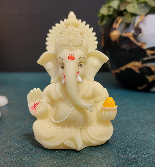 Gold Art India Ivory Ganesha Idol for Car Dashboard,Lord Ganpati Diwali Gifts, Home Decor, Office Desk, House Warming (IVORYMUKUT (Size: 3.5 x 2 inches), Ceramic, Religious