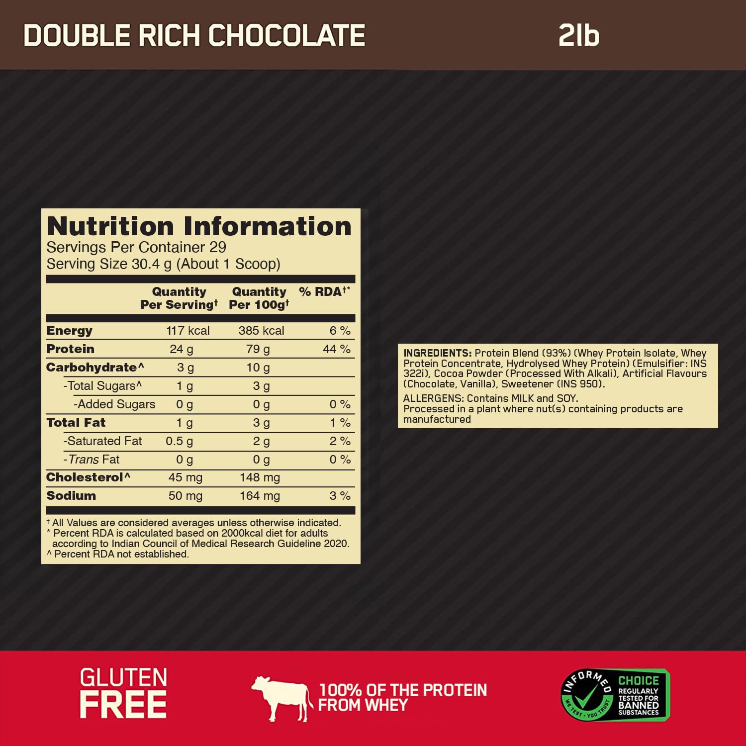 Optimum Nutrition (ON) Gold Standard 100% Whey Protein Powder 2 lbs, 907 g (Double Rich Chocolate), for Muscle Support & Recovery, Vegetarian - Primary Source Whey Isolate