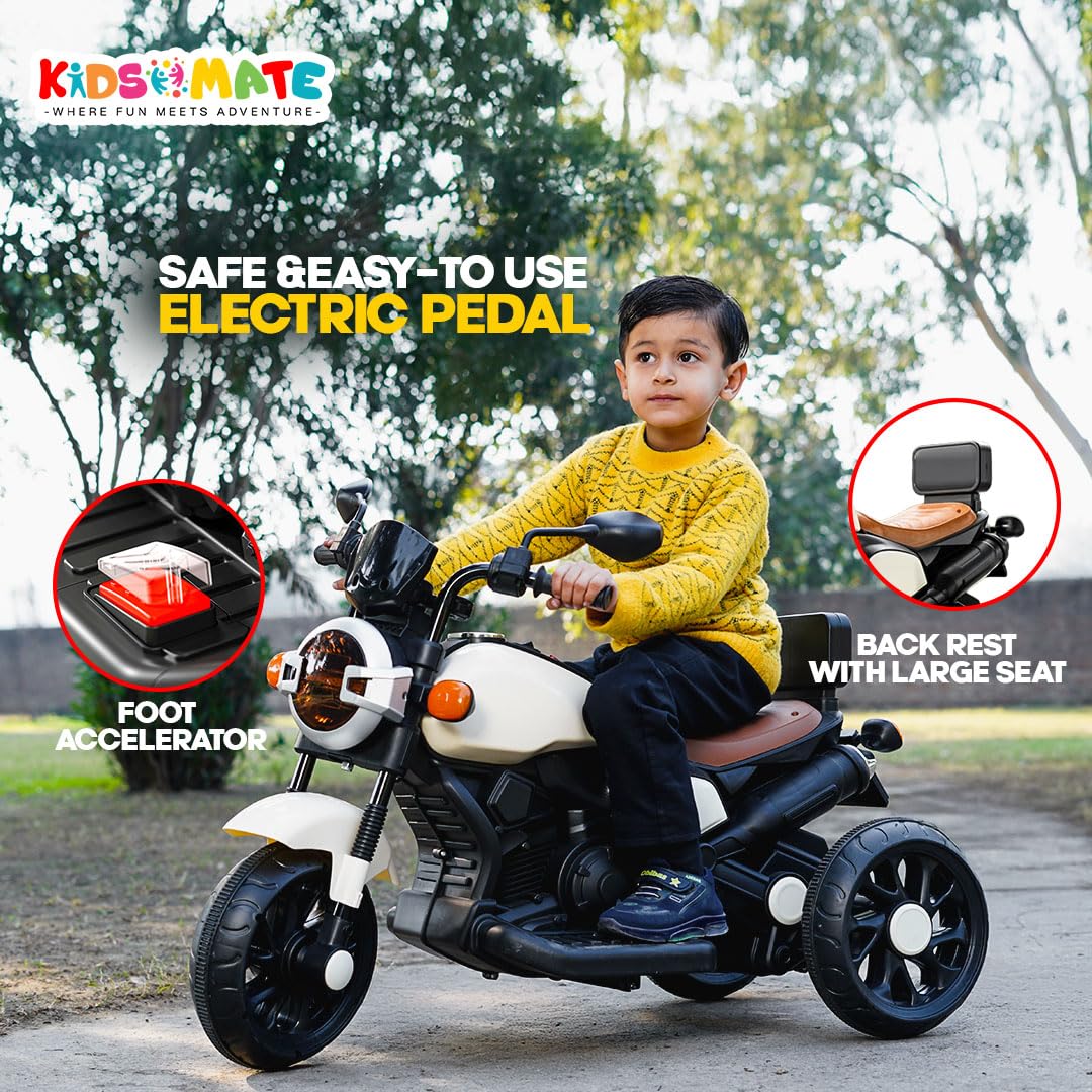 Kidsmate Ride Xtreme Electric Bike for Kids | 6V Battery, MP3 Player, USB, Bluetooth, LED Lights & Foot Accelerator | Battery-Operated Ride-On Bike with Backrest for Boys & Girls Aged 1-5 Years