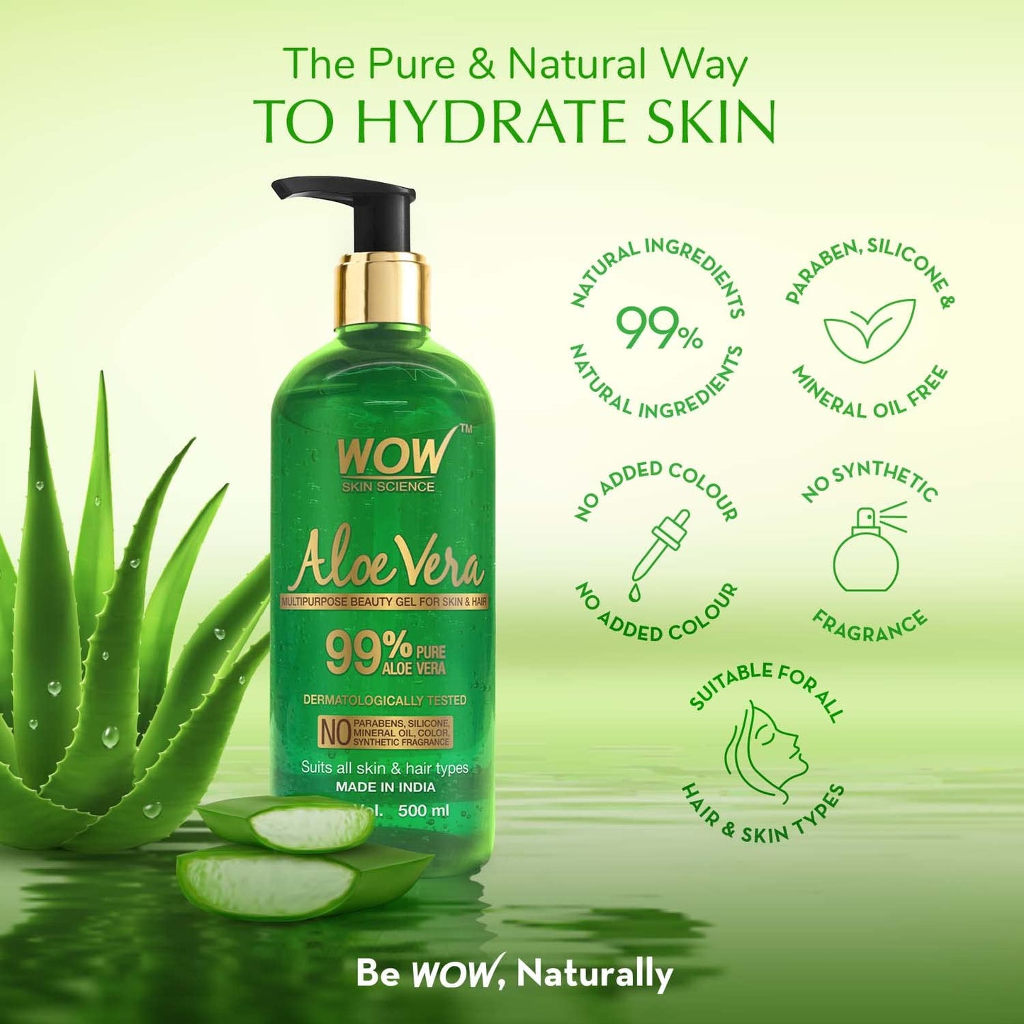 WOW Skin Science 99% Pure Aloe Vera Gel for Face, Skin & Hair - 500ml | Ultimate Gel For Glowing Skin | For Both Men and Women | No Parabens, Mineral Oils, Silicones, Color & Synthetic Fragrances